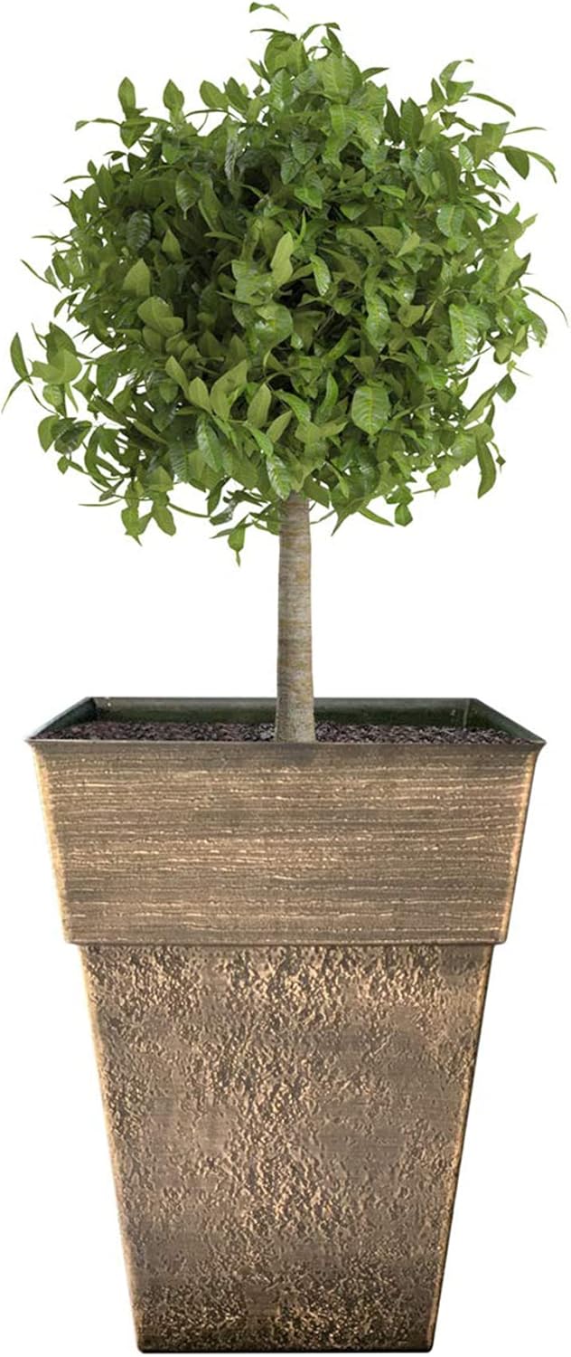 The HC Companies Avino 13 Inch Square Plastic Accent Outdoor Flower Planter Pot for Garden, Patio, Porch, Deck, or Balcony, Celtic Bronze (2 Pack)