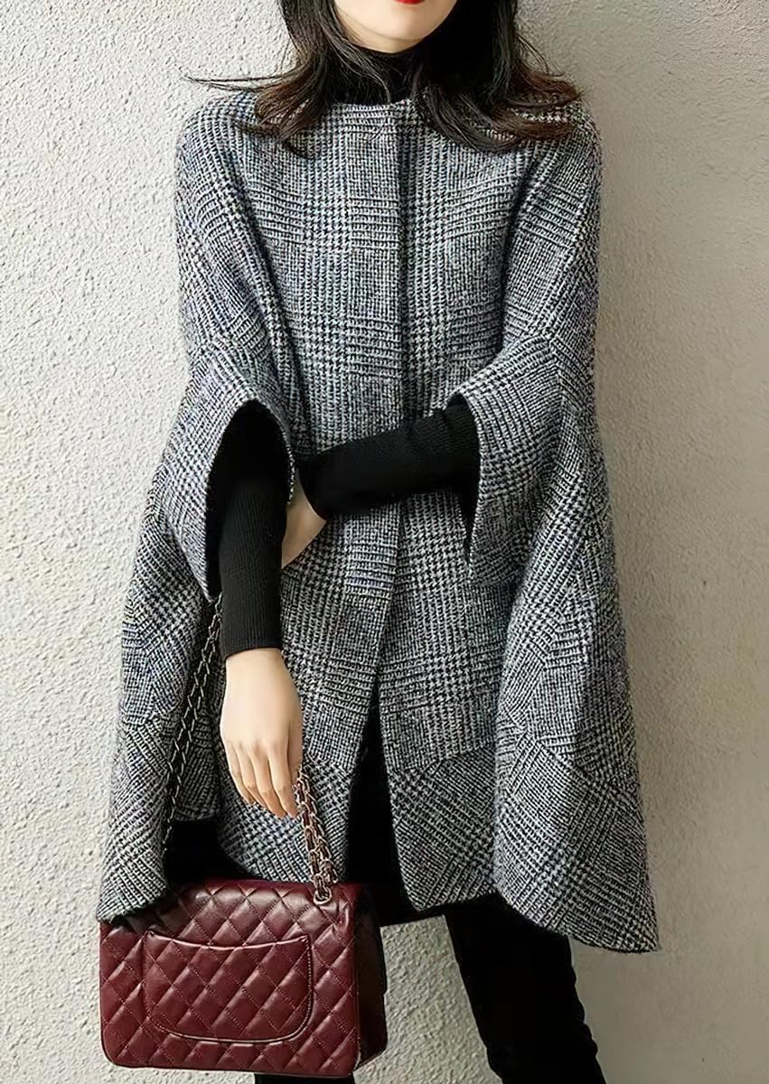 Elegante da Donna Plaid Monopetto Mantello Bottone Cappotto Classico Inverno Sette Quarti Manica Plaid Casual di Media Lunghezza Mantello