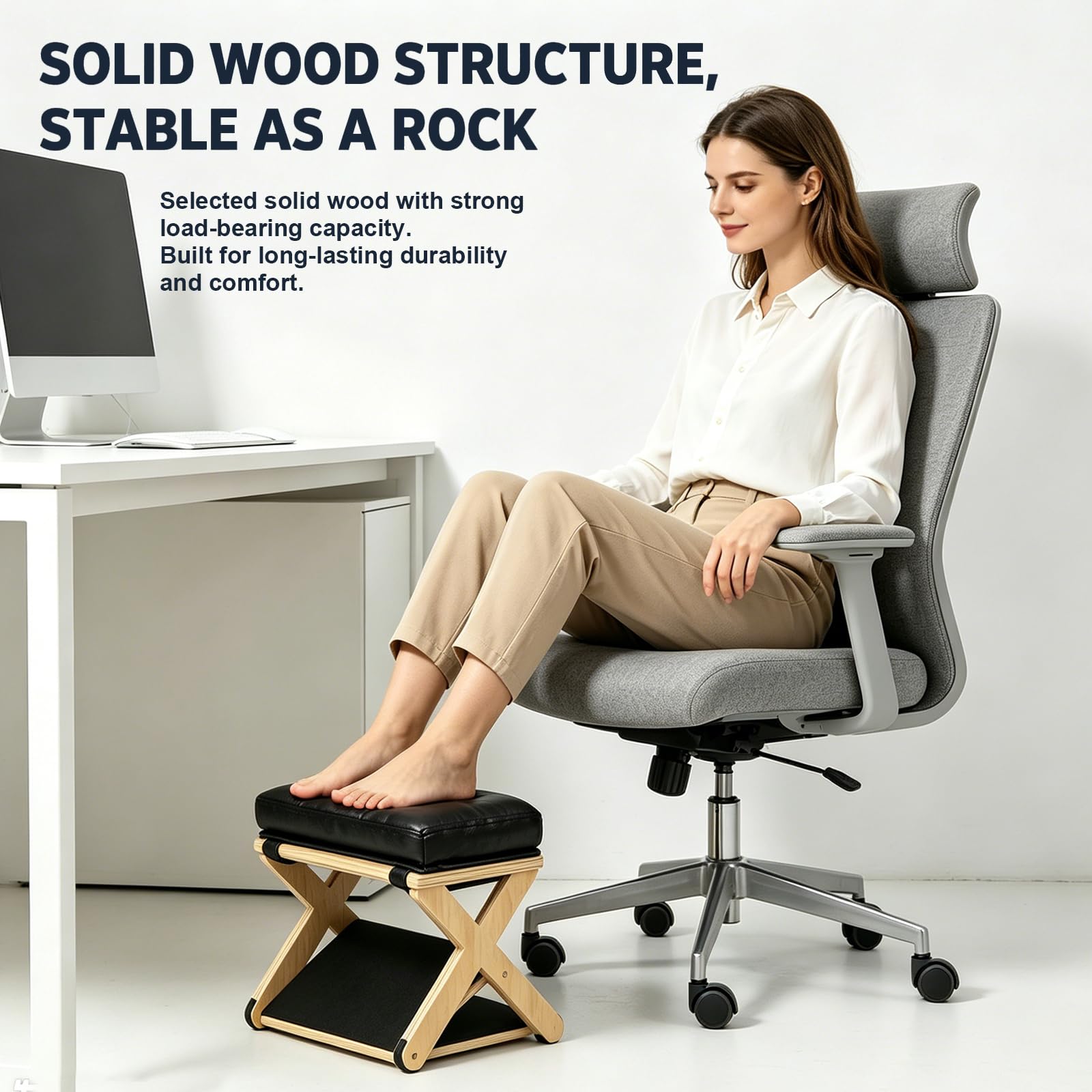 Poggiapiedi Ergonomico Legno 2in1 Pieghevole, Regolabile Altezza Angolo con Cuscino Rilassante, Salvaspazio per Ufficio Scrivania Soggiorno Camera