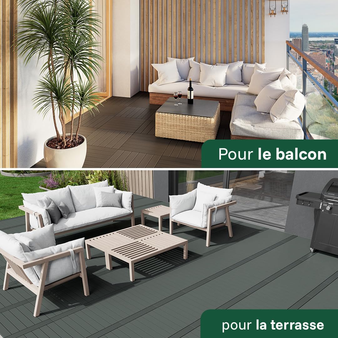 GUMI WPC Dalles de Terrasse Lames pour Balcon Dalles Clipsables 50 x 8 cm – Système Clipsable Composite pour Balcon et Terrasse | Anthracite | 0,67 m²