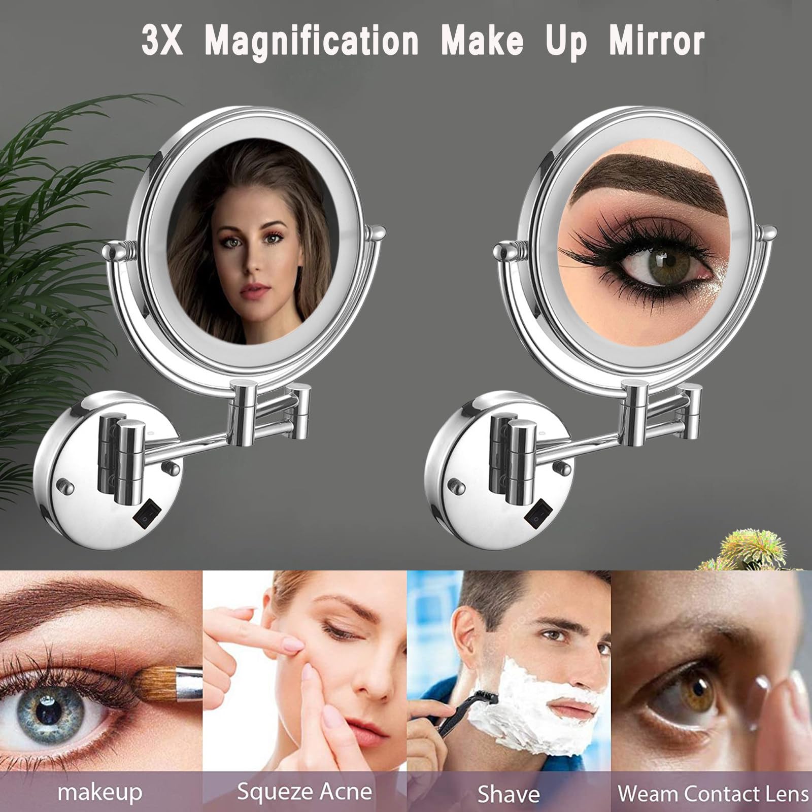 Miroir Grossissant LED Mural 8 Pouces - Double Face 3X/5X/7X/10X - Pivotant 360° Extensible - Rechargeable USB Or Rose