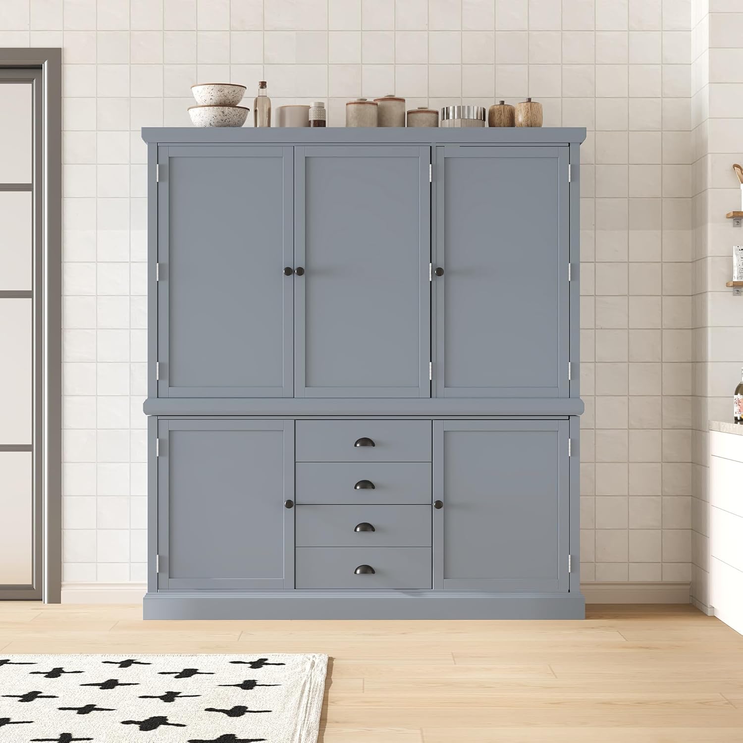 VilroCaz Freestanding Large Kitchen Pantry, Wooden Kitchen Organizers and Storage Cabinet with 4 Drawers, Cupboard, 5 Doors, Adjustable Shelves for Dining Room (Gray-3.15)