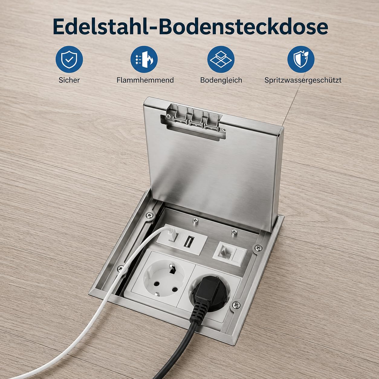 Bodentank Bodensteckdose, Edelstahl-Einbausteckdose, Klappdeckel
