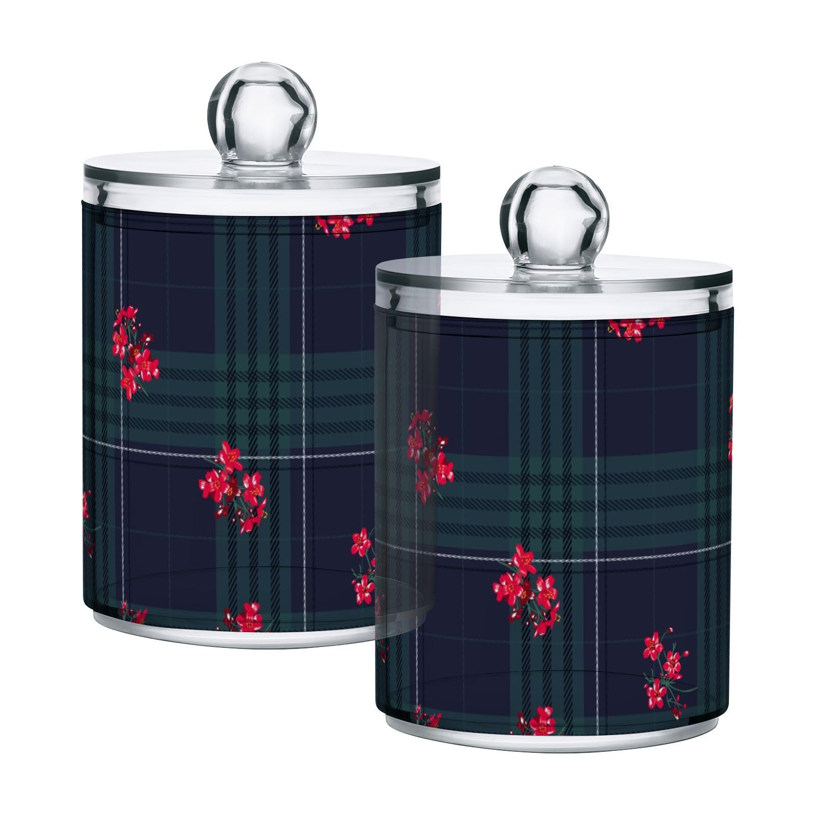 Black-tartan-layer-red-flowers Restroom Bathroom Organizers with Lid Qtip Holder Dispenser Apothecary Jars Cotton Balls Pads Swabs Holder Jar 4