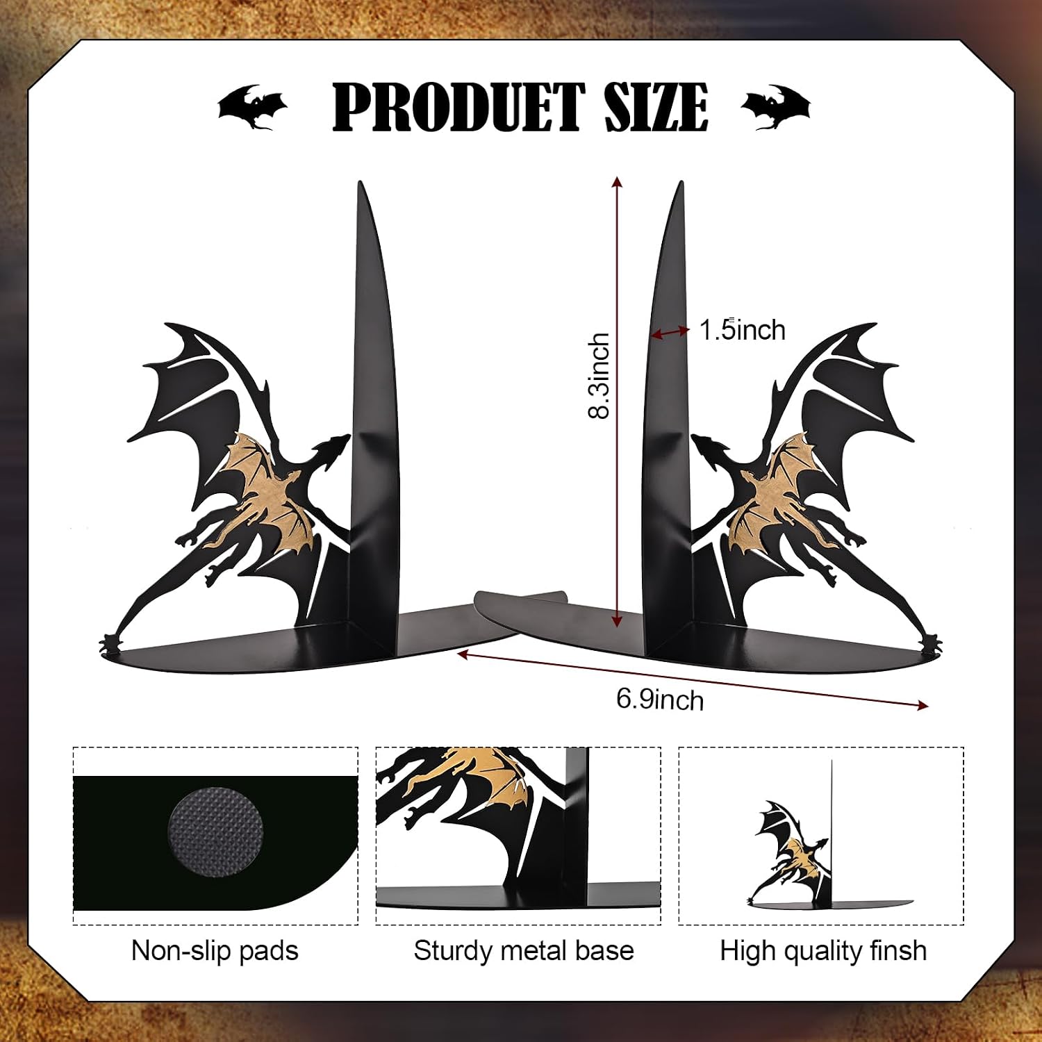 Metal Dragon Bookends Fantasy Book Stoppers Cool Book Ends Decorative