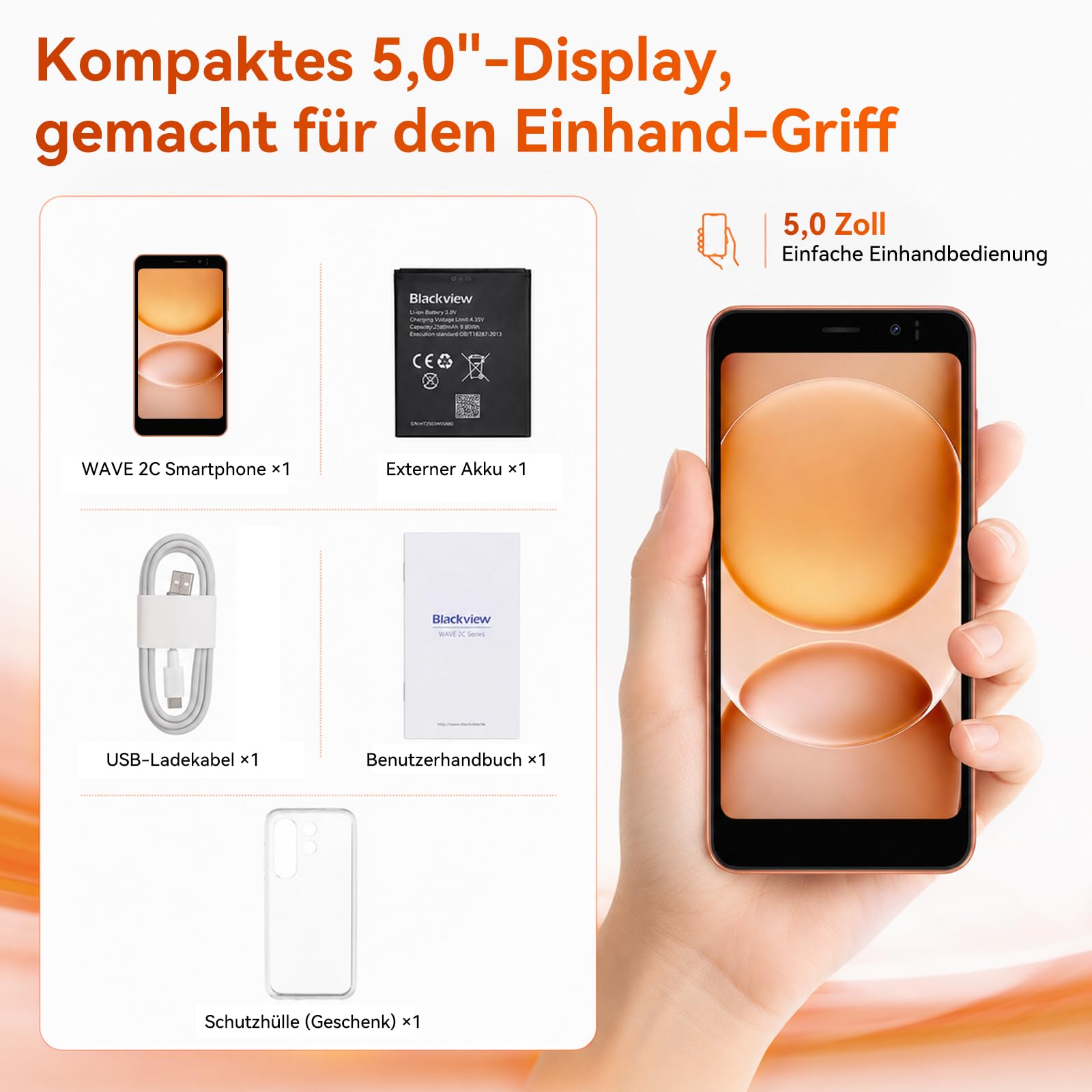 Blackview Wave 2C Mini Handy Android 16, 5" HD+ IPS Smartphone Ohne Vertrag, 9GB+32GB/1TB, 4G Dual SIM/Face ID/GPS, Orange