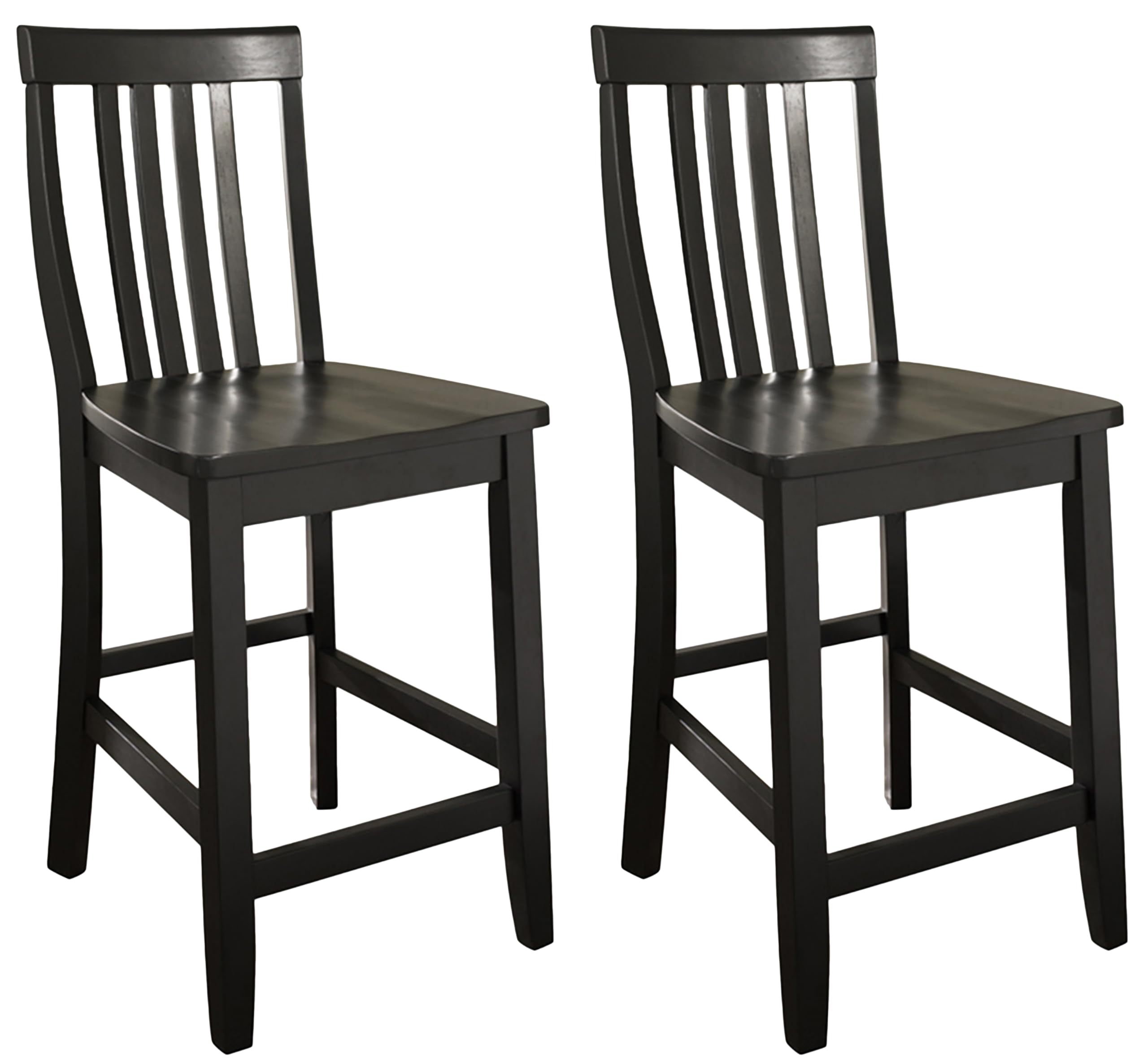 Crosley Furniture School House Wood Slat Back Counter Height Bar Stools Set of 2, Black, 24-inch