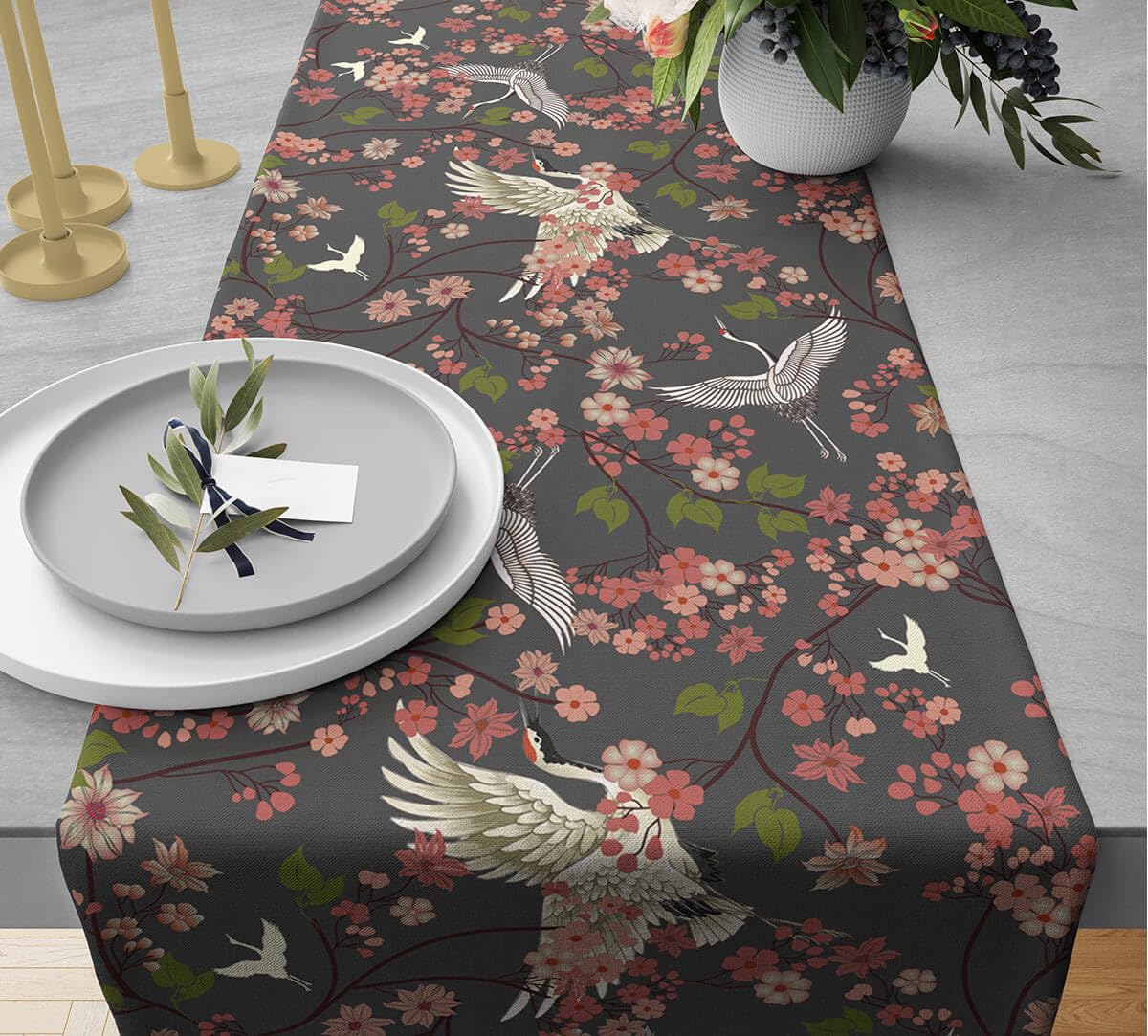 India Circus by Krsnaa Mehta Flight of Cranes Printed Blended Canvas 6 Seater Table and Bed Runner (94 x 14 inches)