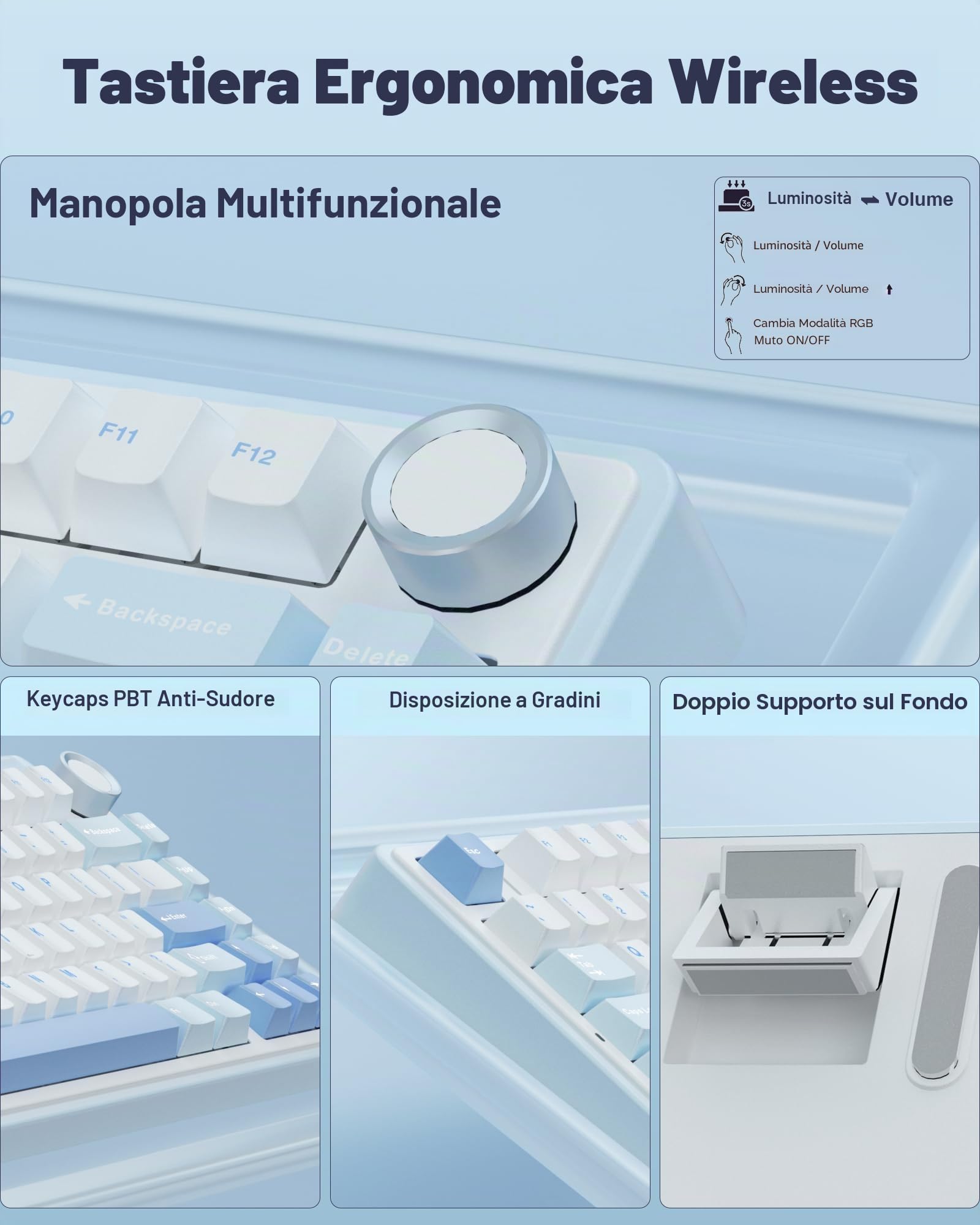 AULA F75 75% tastiera meccanica senza fili, cremoso sostituibile a caldo, interruttori in legno grigio pre-lubrificati, 2.4GHz/Type-C/BT5.0 (blu)
