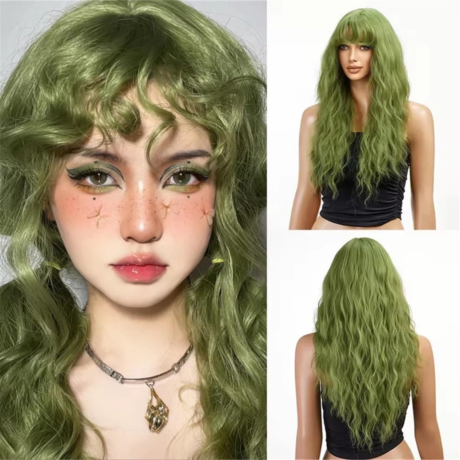 Peruka damska Jasnozielone kręcone peruki syntetyczne z włóknem termoodpornym grzywką na imprezę cosplay Peruki ludzkie