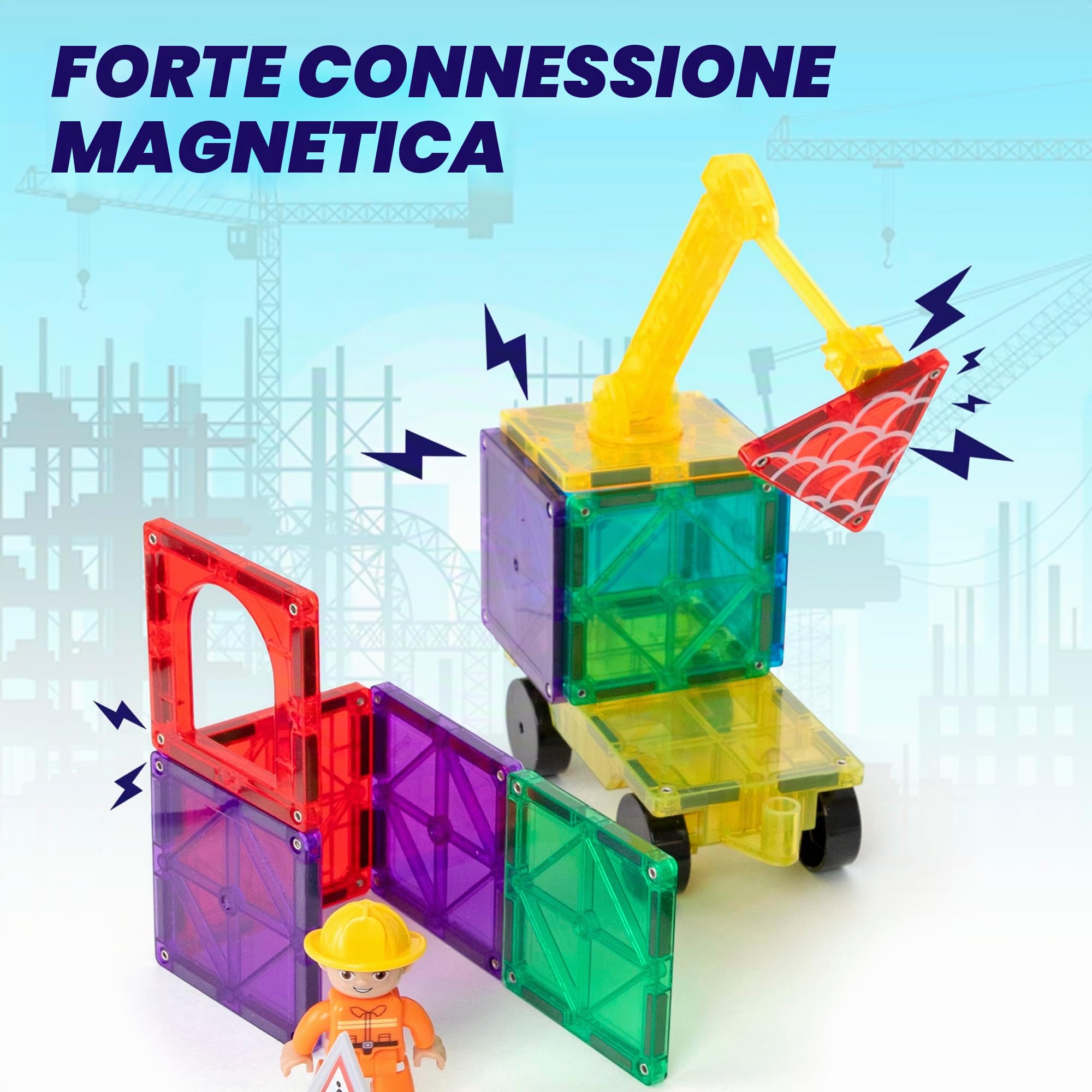 Playmags Set Di 52 Tessere Magnetiche Per La Costruzione Di Città, Blocchi Da Costruzione Con Gru E Pezzi Di Strada, Giocattoli Educativi STEM Per Bambini E Bambine Dai 3 Anni In Su.