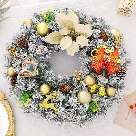 Doorstep Christmas Wreath, Gold Christmas Ball Christmas Wreath, 24 Inch Doorstep Winter Wreath Green Pine Bough Christmas Wreath Reusable Holiday Large Christmas Wreath (White Christmas Wreath) Cover