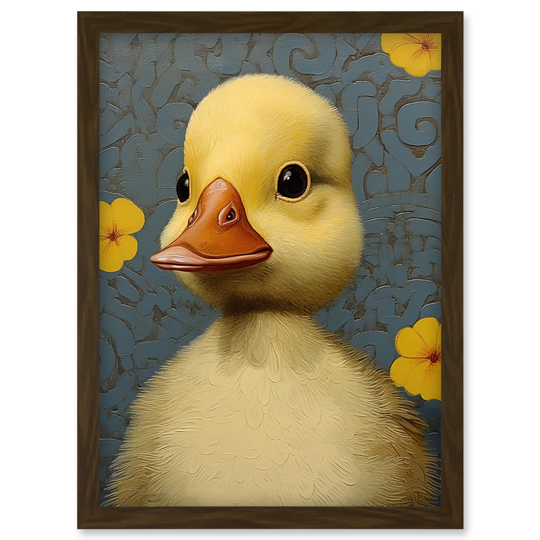 Artery8 Duckling with Flowers Oil Painting Kids Bedroom Baby Nursery Duck Artwork Framed Wall Art Print A4