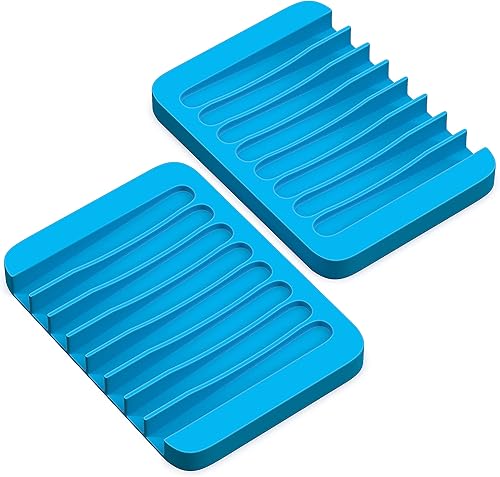 ZAPPOWARE - Jabonera autodrenante para barra de jabón, paquete de 2 unidades (azul) de silicona para drenaje de cascada para ducha, baño, encimera