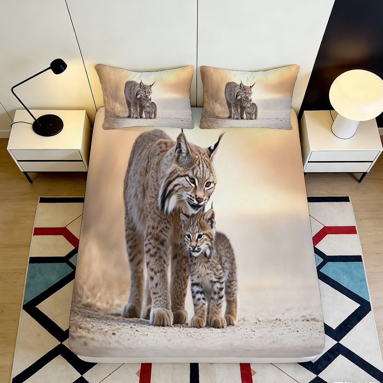 3D Printed Wild Lynx Fitted Sheet Microfiber Soft Mattress Cover for Bedroom Dorm Decor Anti-Slip Washable Animal Pattern 160x200x25cm