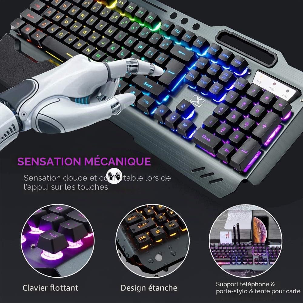 Ensemble clavier de jeu sans fil, souris clavier rétroéclairé RVB rechargeable avec batterie de 5000 mAh, panneau en métal, repose-main amovible, toucher mécanique et souris sourdine de jeu 7 couleurs