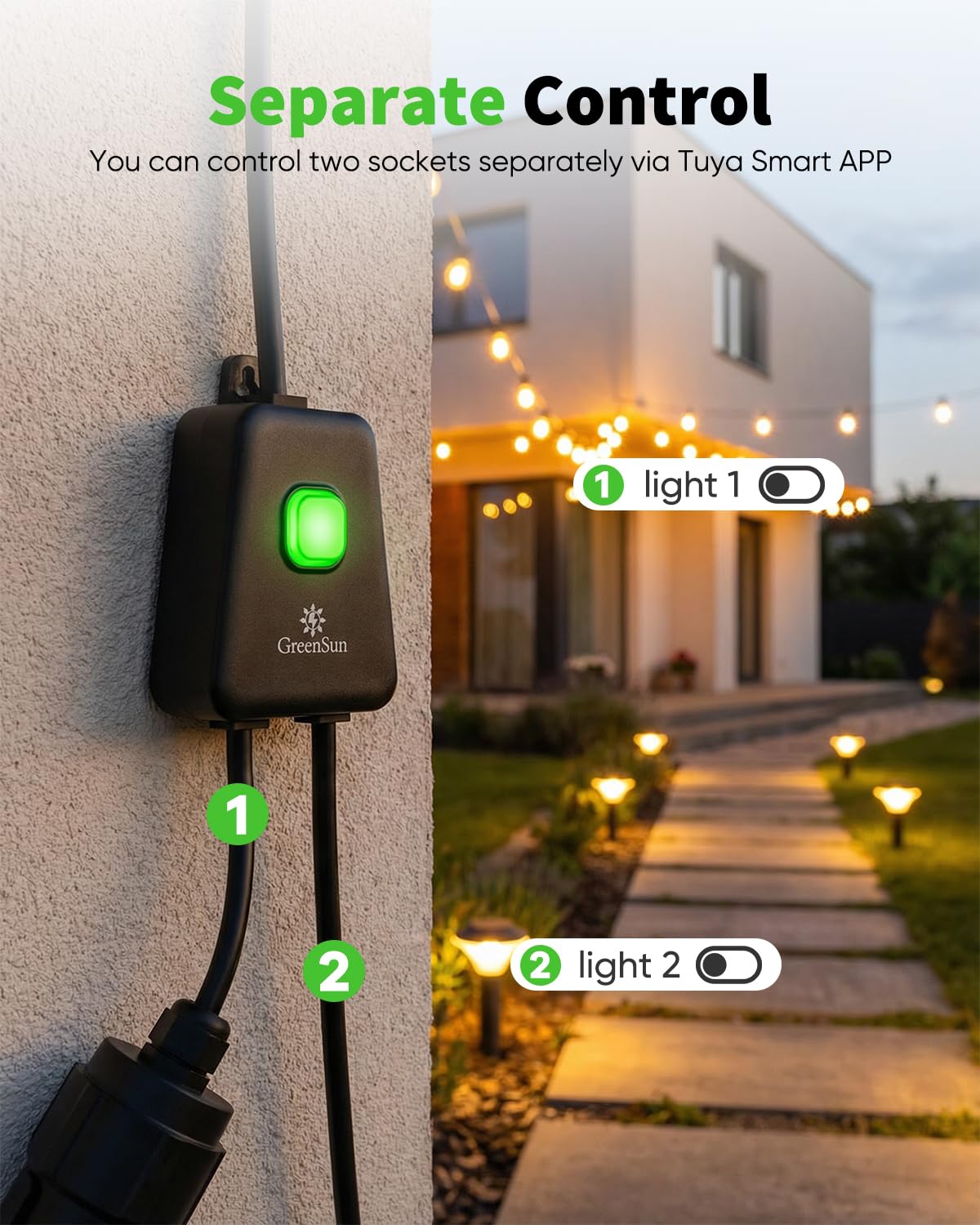 GreenSun Presa Wi-Fi per esterni, timer per esterni, presa intelligente per esterni, impermeabile, IP44, misurazione della corrente funziona con Alexa 16 A, 3840 W
