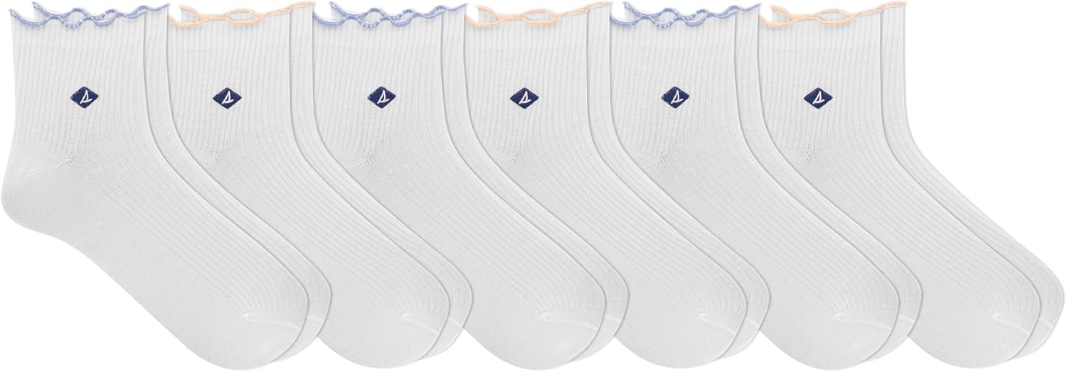 Sperry Women's Scallop Edge Anklet Socks-2 Pair Pack-Ribbed Contrast and Embroidered Logo