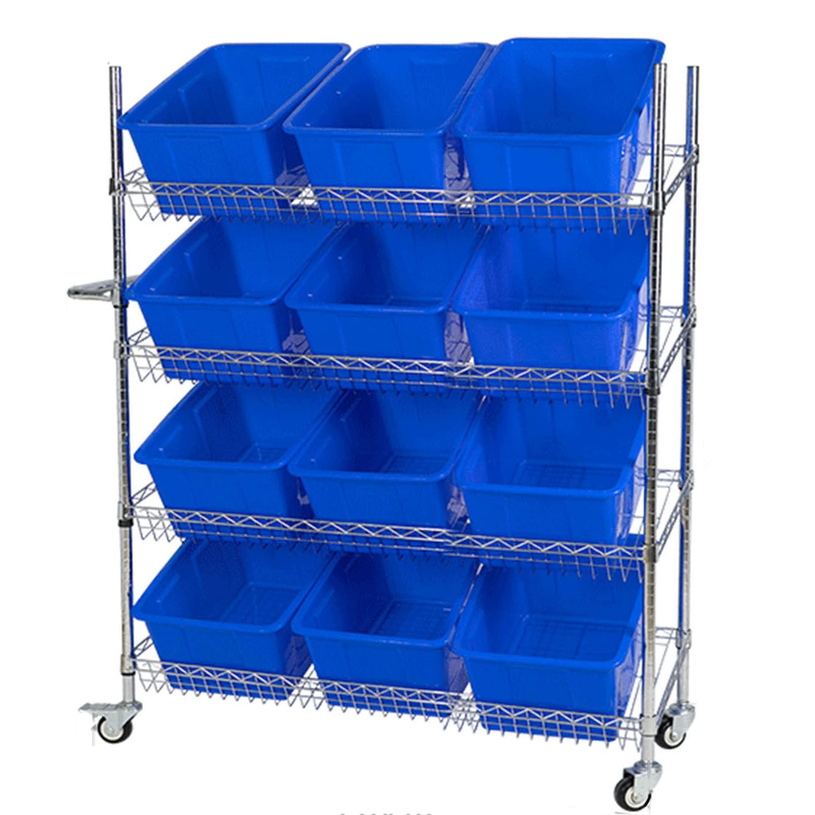 Wytrzymały metalowy wózek użytkowy z plastikowymi koszami, 4-poziomowy stojak do przechowywania na kółkach do magazynu, garażu, ekspozycji roślin i przechowywania żywności, rozwiązanie do regałów