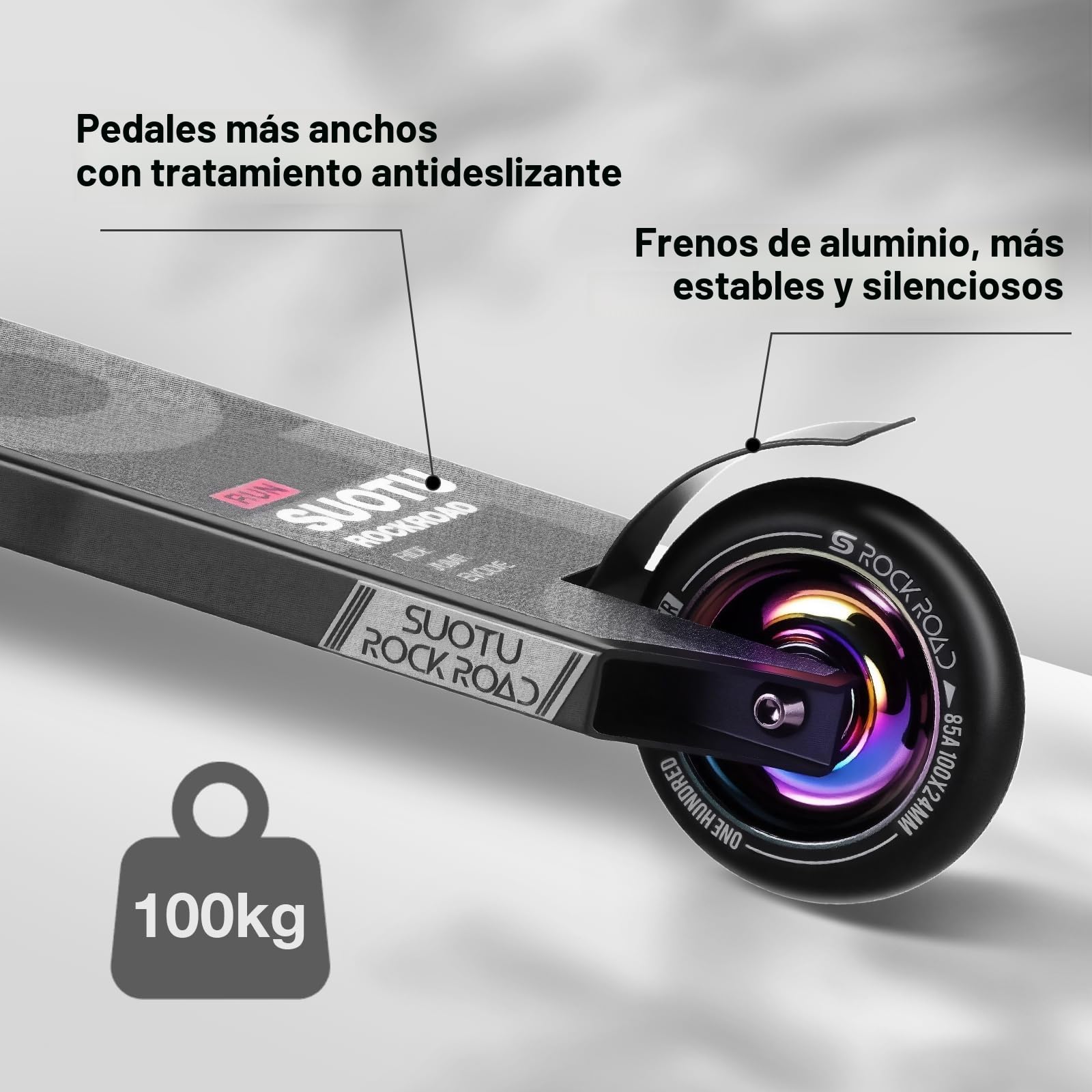 Patinete Freestyle, Dirección de 360°, Ruedas de PU de 85A 100 mm, Scooter Freestyle para Niños Adolescente y Adultos, Capacidad Máxima de Carga: 100 kg, Aluminio (Negro– Arcoíris)