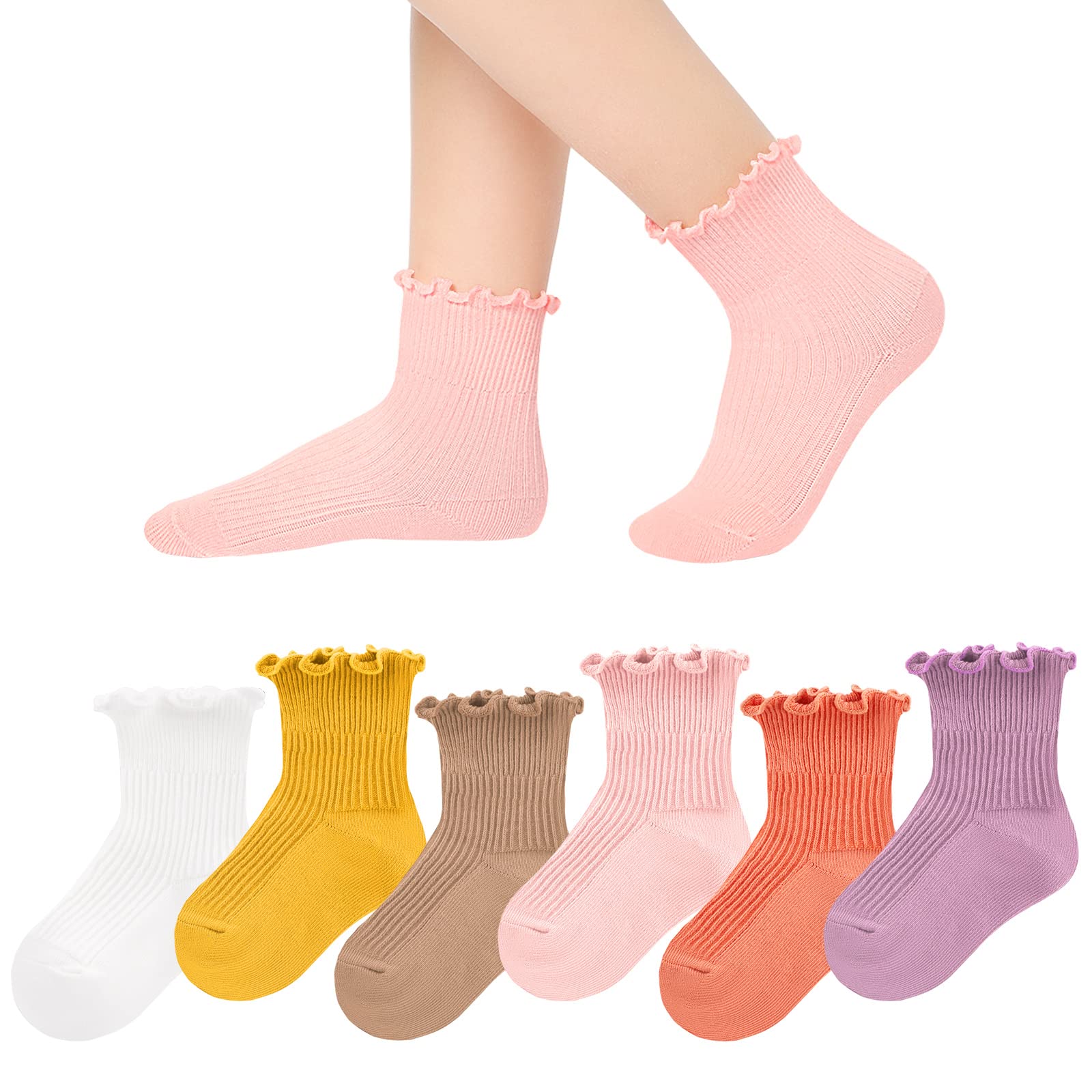 Witwot 6 Paar Baby-Socken für Mädchen, Rüschen, Crew-Socken für Kleinkinder, Mädchen, weiche Baumwolle, Größe 6 - 7 Jahre