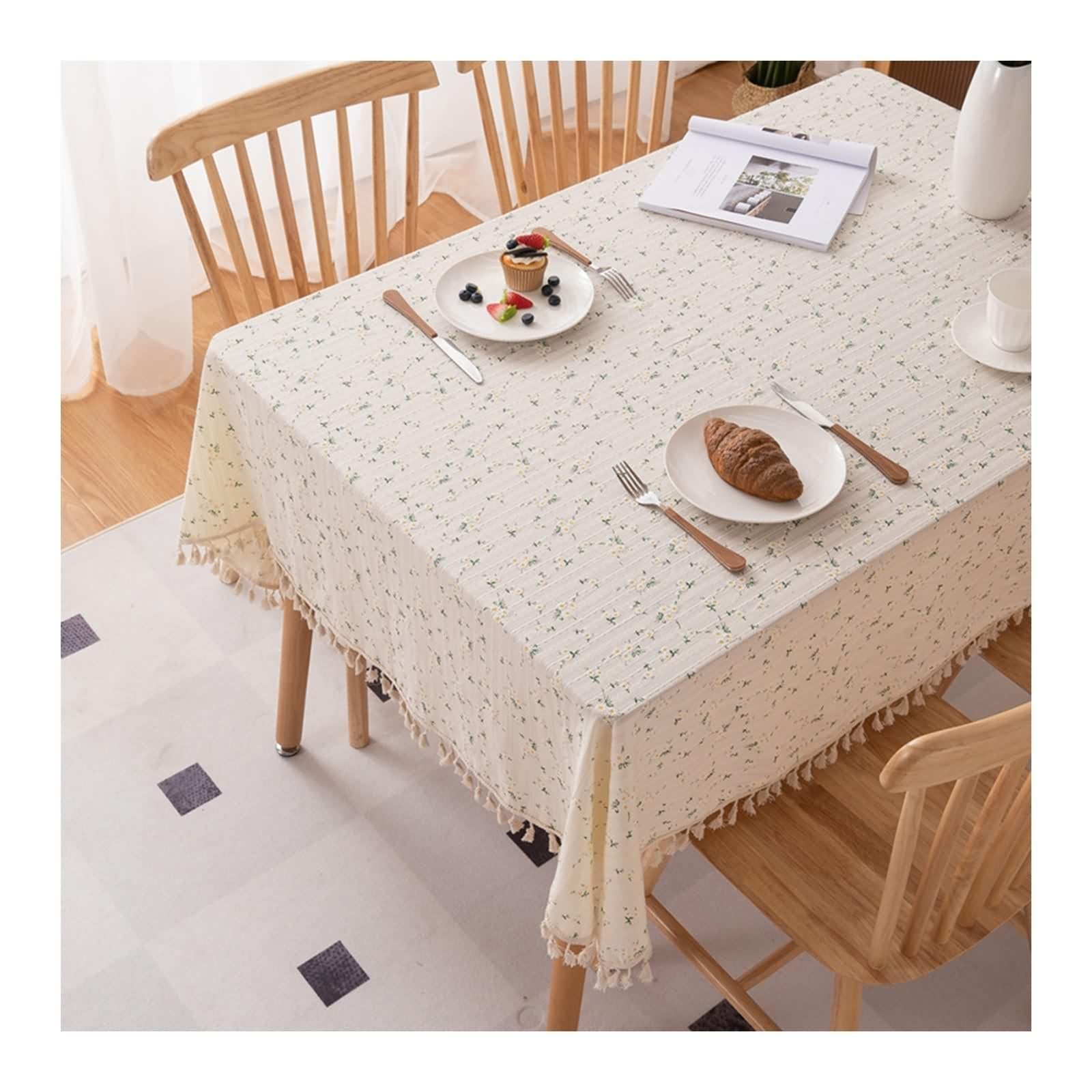 Tovaglia Cotone 140X180, Tovaglia Elegante Matrimonio Beige Verde Fiore Ricamato Copritavolo per Soggiorno Cucina