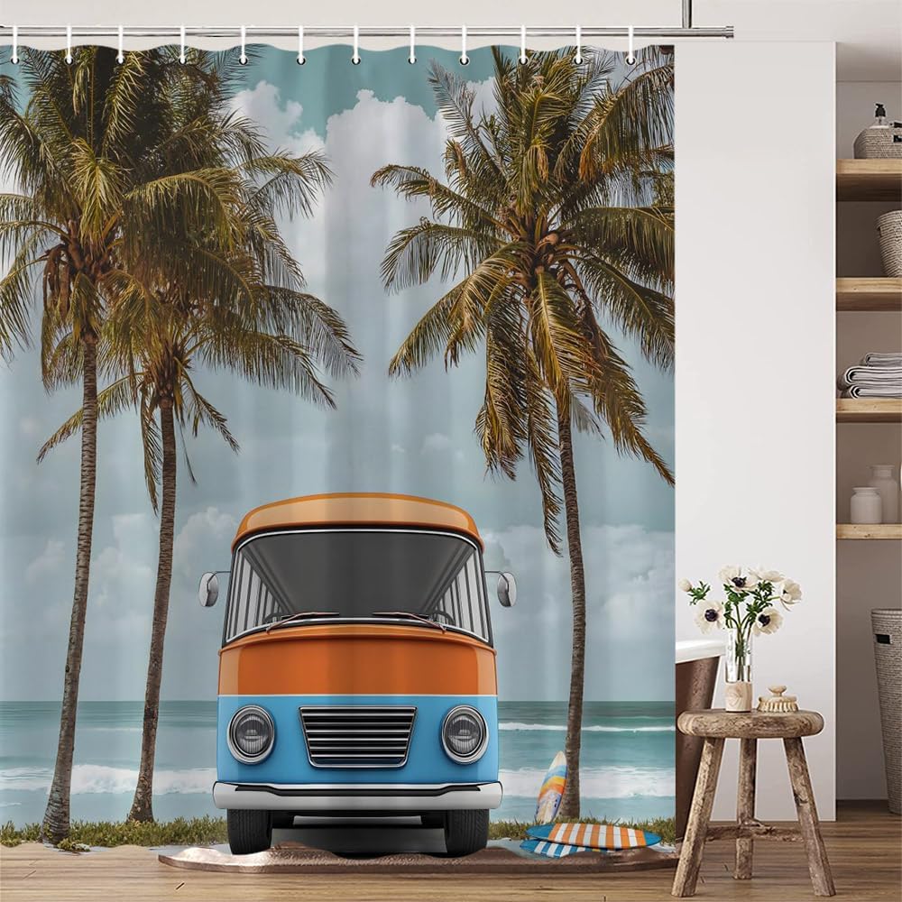 Beach Tour Bus Shower Curtain Coastal Palm Tree Tropical Camping Surfboard Ocean Hawaii Vintage Car Summer Seascape Bathroom Decor Polyester Fabric Set with Hooks 70X90 Inch