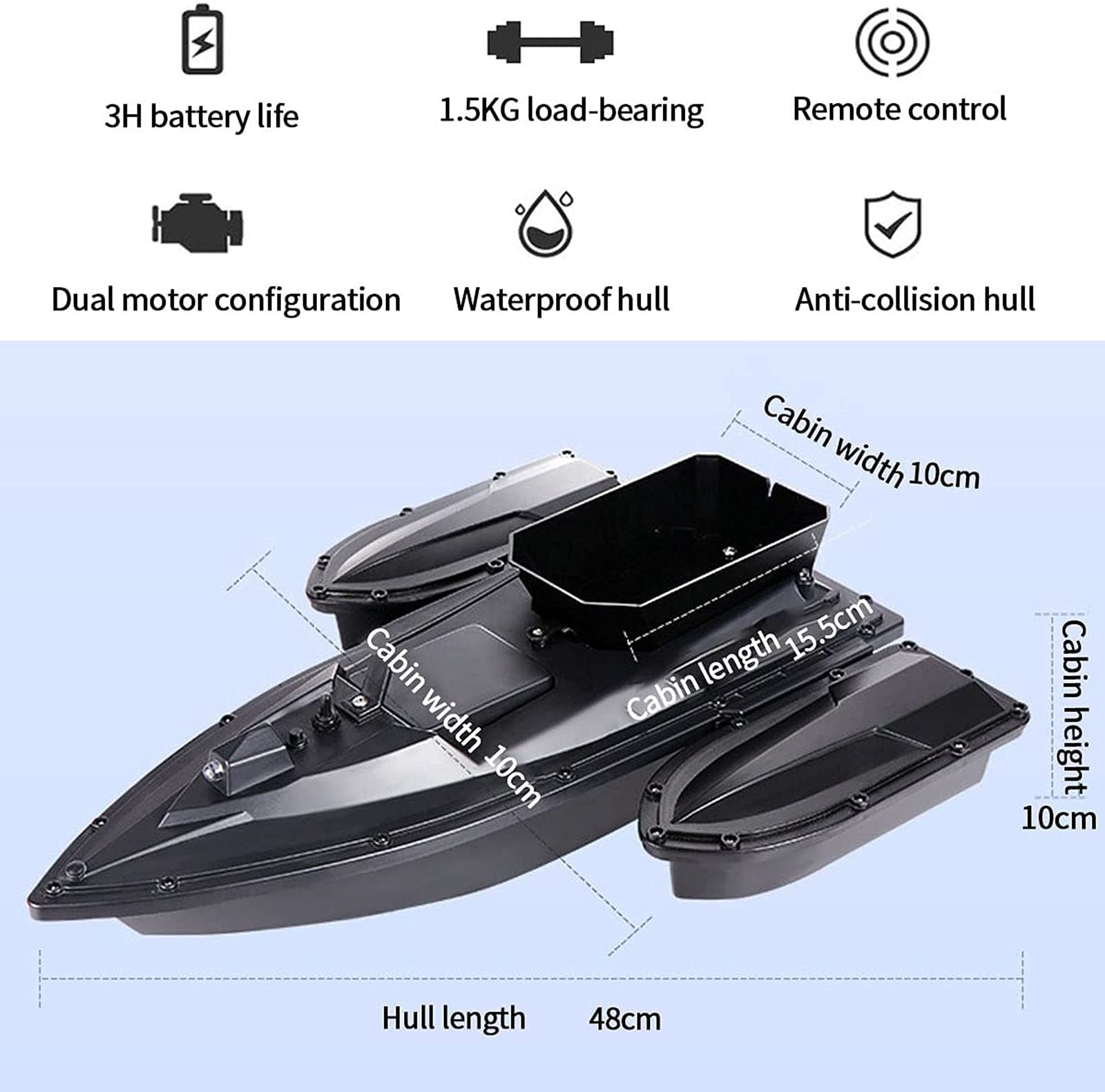 Bateau amorceur Bateau Amorceur Peche 500m, Bateau amorceur Peche Carpe,sans Fil Bateau Amorceur avec Deux Moteurs, RC Bateau de Pêche Capacité Charge 1,5kg