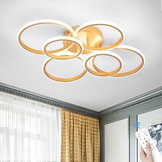 Modern Ceiling Lights, 6 Rings Dimmable Gold LED Ceiling Light Fixtures with Remote Control, 60W Close to Ceilings Lighting for Living Room, Bedroom, Dining Room