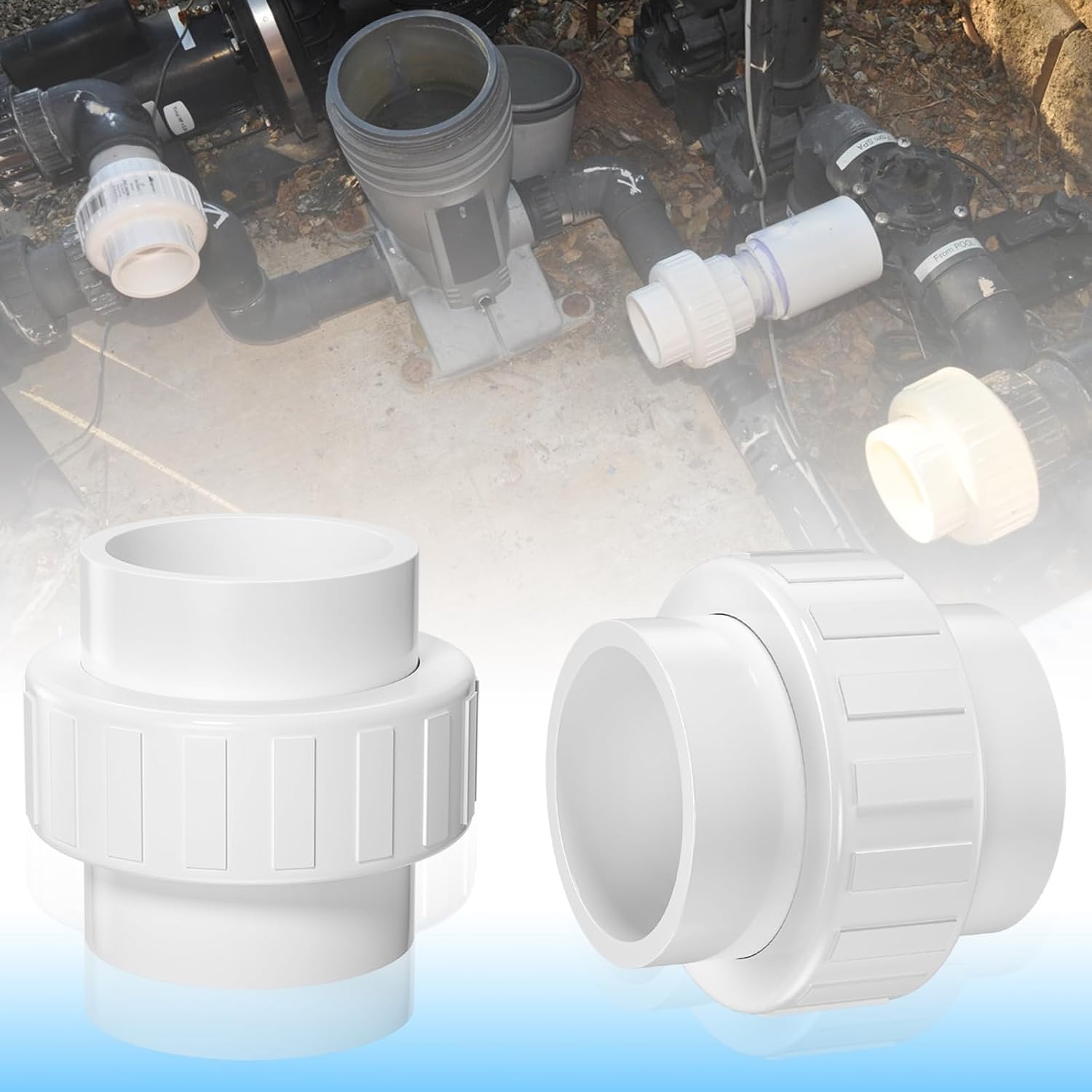 2PCS PVC Union Coupling 2Inch, Furniture Grade PVC Union Pipe Fittings with EPDM O-Ring, Schedule 40 White Slip Coupling Adapter for Irrigation, Pool & Spa System, indoor Plumbing Project