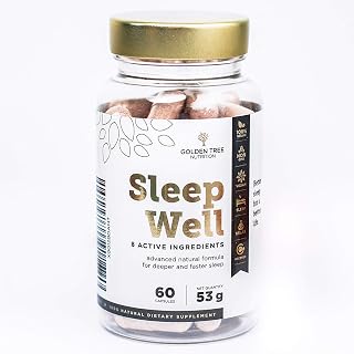 Golden Tree Sleep Well – Schlaf Komplex, 60 Kapseln | Magnesium, Baldrian, Melisse, Hopfen & L-Theanin, Natürliche Schlafkapseln für Abendroutine