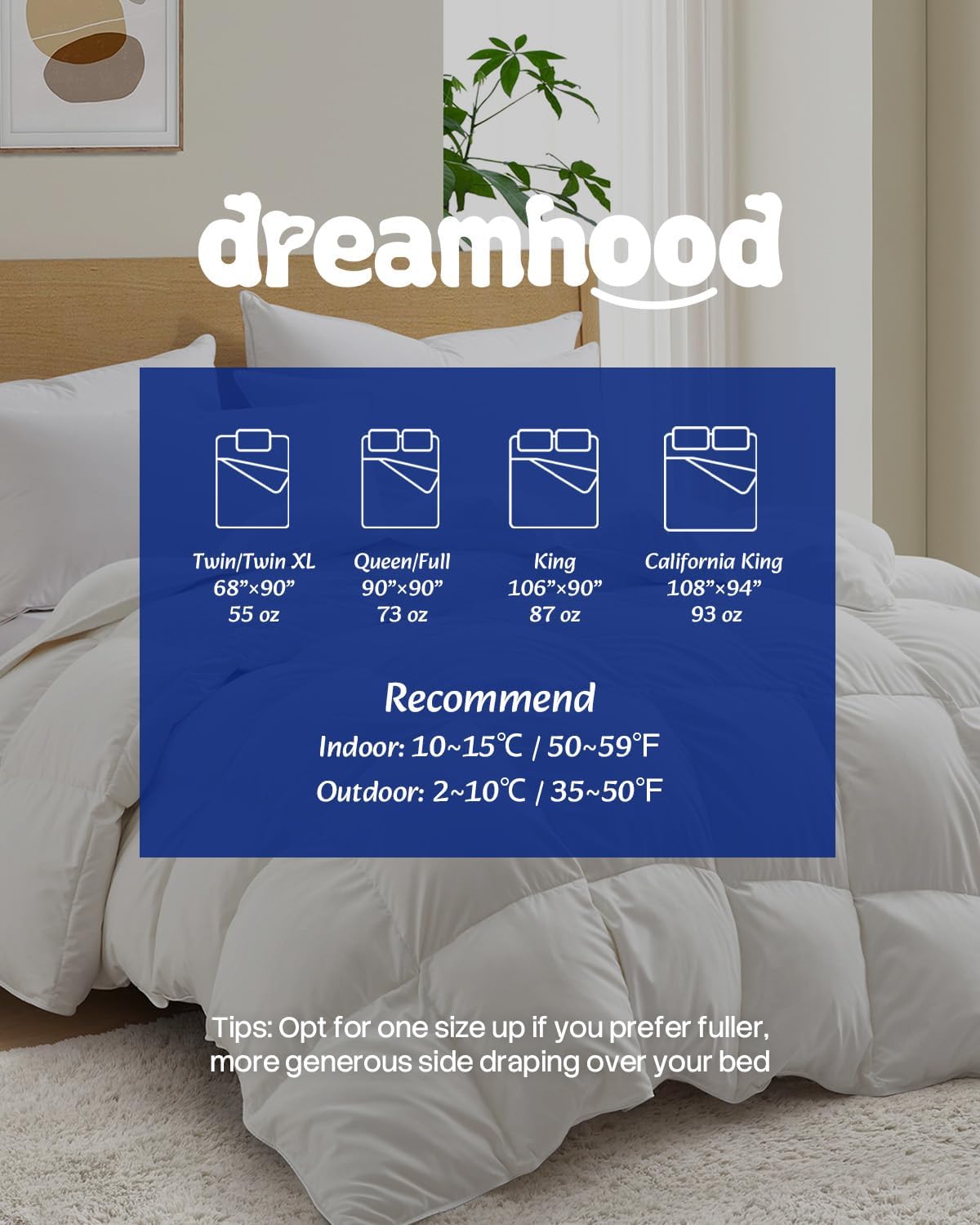 Dreamhood Goose Feather Down Fiber Comforter, All Season Duvet Insert White