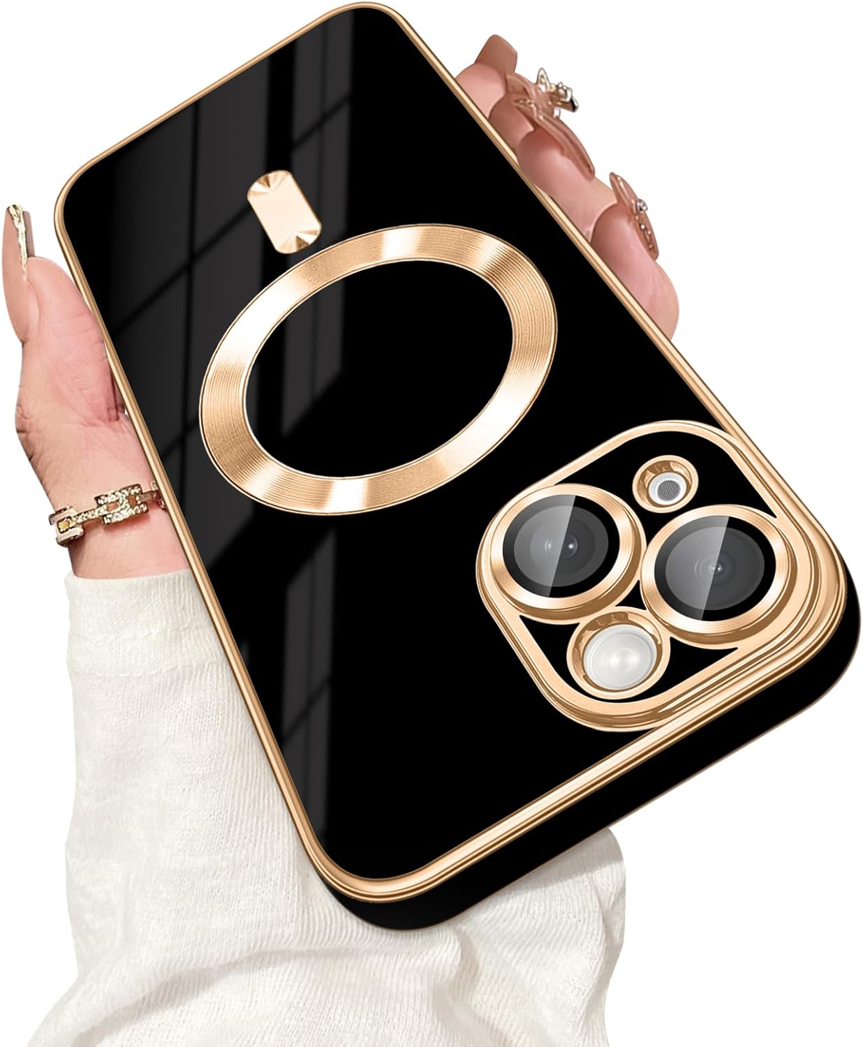 Dinick Designed for iPhone 15 Case with Magnetic [Built-in Camera Cover] Compatible with MagSafe Soft TPU Glitter Cover Anti-Scratch Protective Slim for iPhone 15 Case Black and Gold