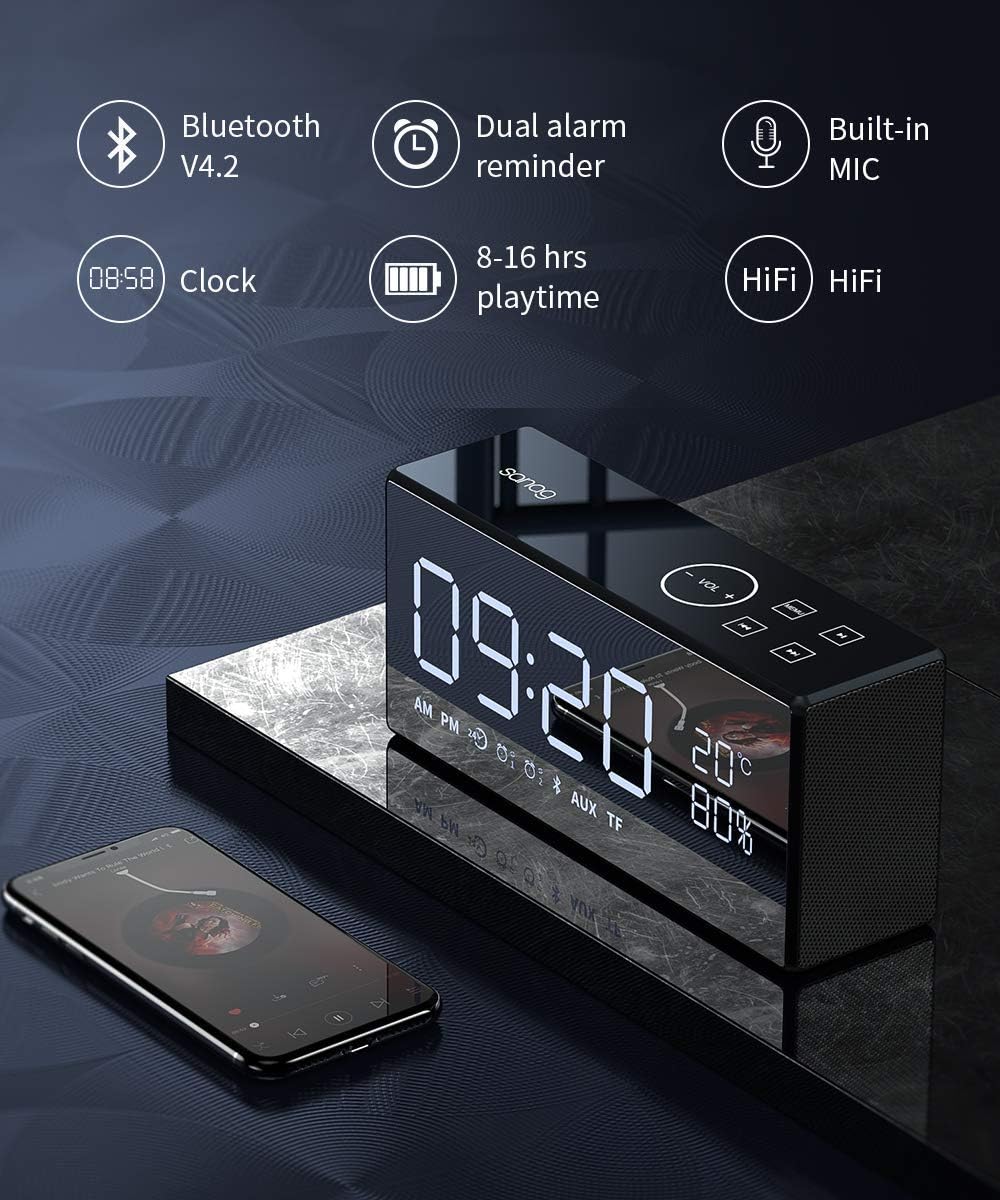 Infographic showing key features of SANAG X9: Bluetooth V4.2, Dual alarm, Built-in MIC, Clock, 8-16 hrs playtime, HiFi