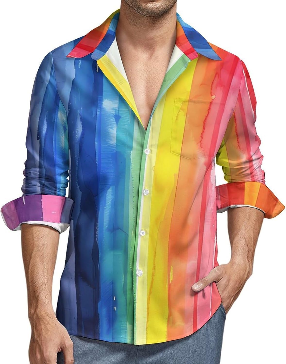 Watercolor Rainbow Stripes Novelty Men's Long Sleeve Shirts Casual Button Down Shirt Pullover Tops