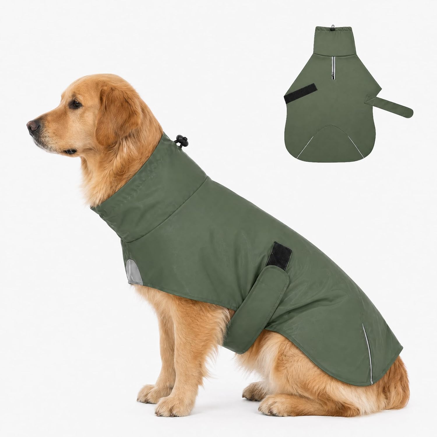 PU Dog Raincoat, Non-Toxic & Odorless Waterproof Vest, Adjustable High Neck and Hook & Loop Belly Closure for Rainy Potty Breaks & Wet Weather Outdoor Walks (Olive Green, XX-Large)