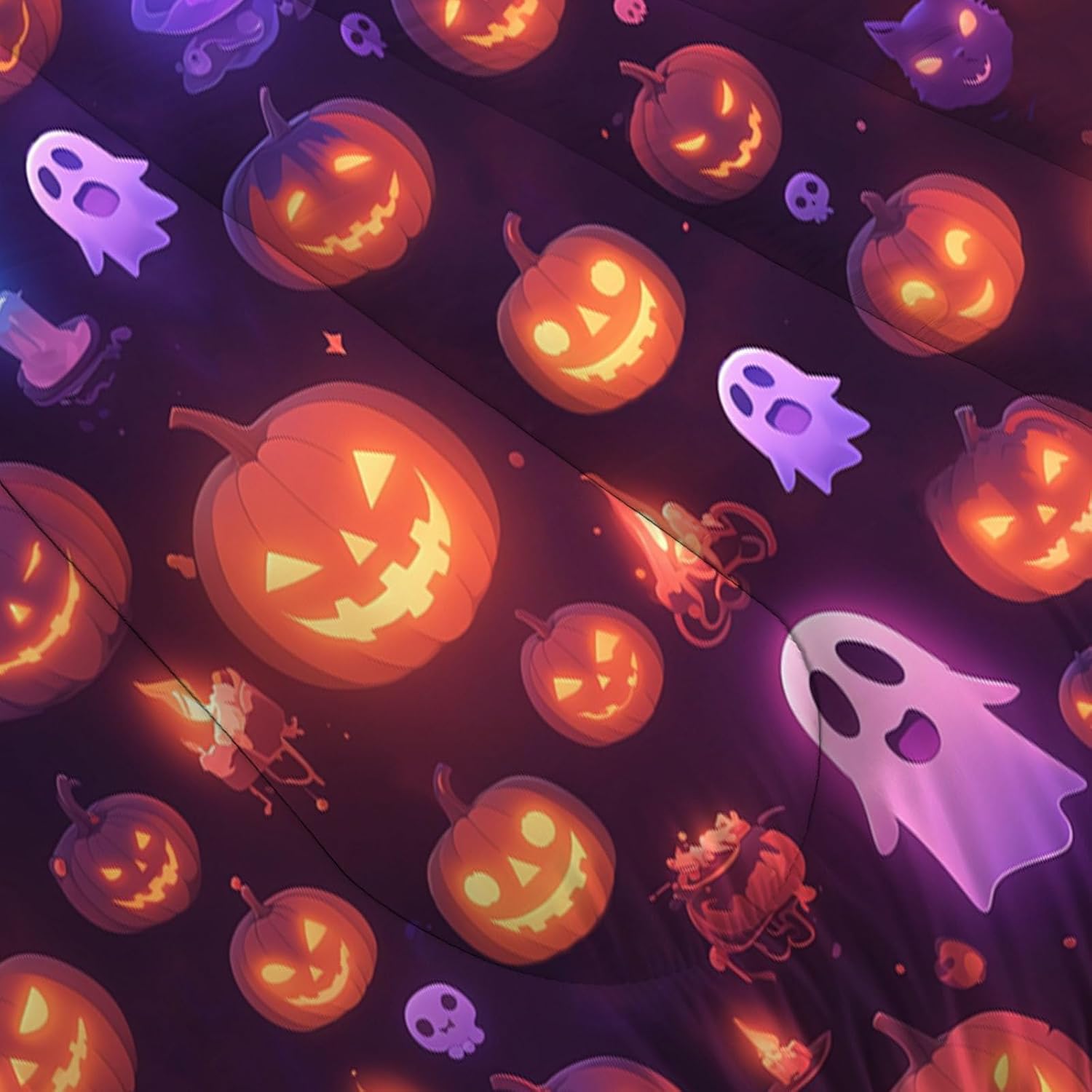 Cartoon Halloween Comforter Set King Size, Neon Pumpkin Bedding Set for Teens Adults Room, Purple Soft 104" x 90" Quilt with 2 Pillow Cases, Lightweight Purple Quilt for All Season