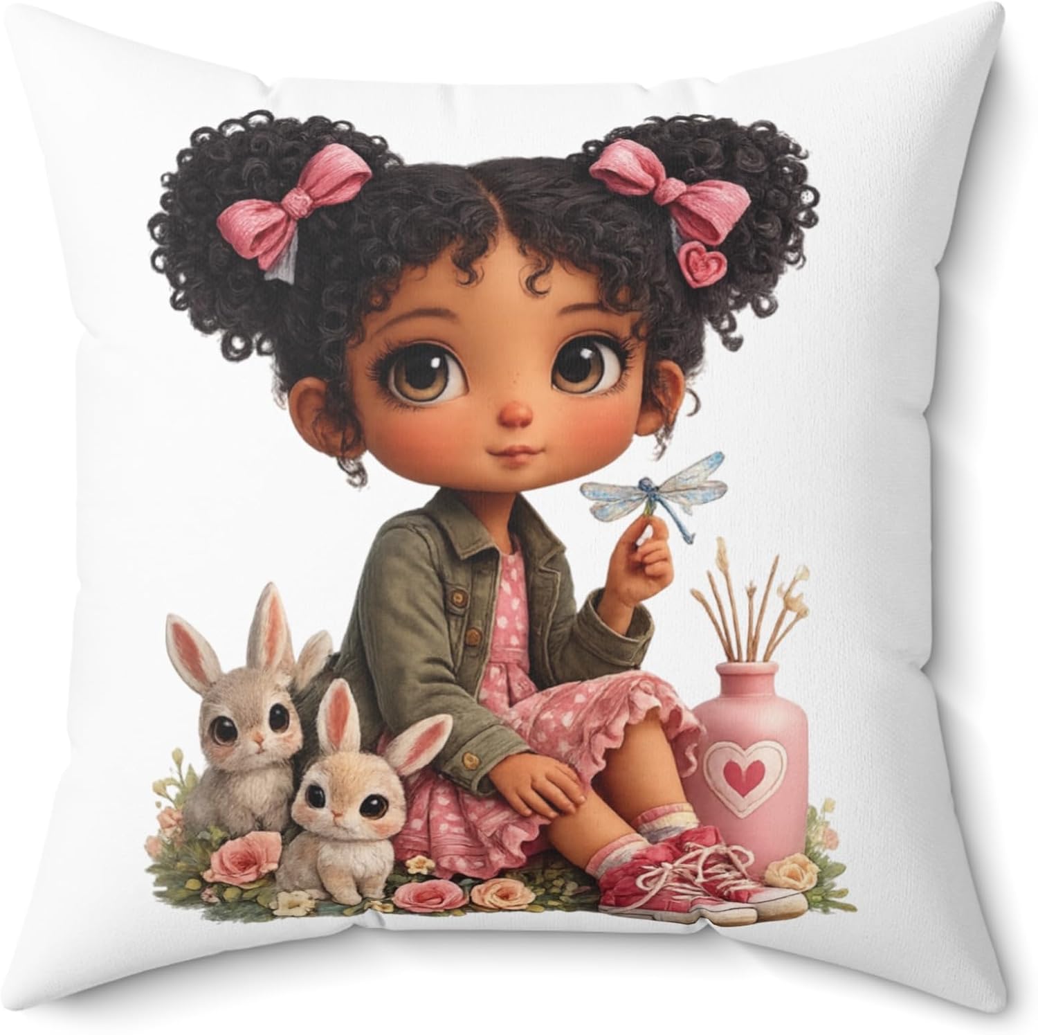 Cute Little Girl with Bunnies Pillow | Kids Nursery Decor, Cartoon Animal