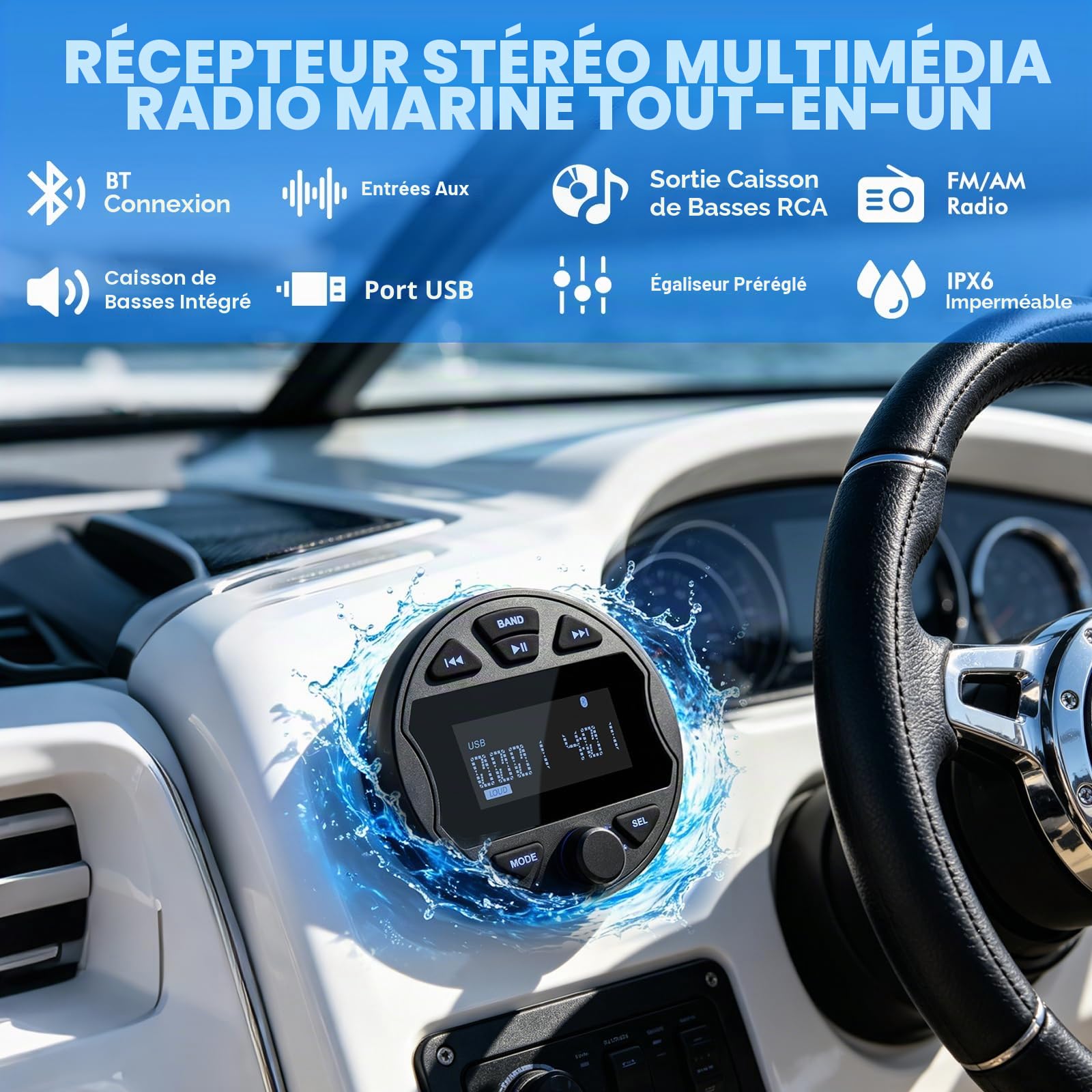 Récepteur stéréo Marin MP3 avec Fonction Radio numérique AM/FM, USB, BT et étanchéité IPX6, adapté pour Bateaux, péniches et Utilisation Professionnelle