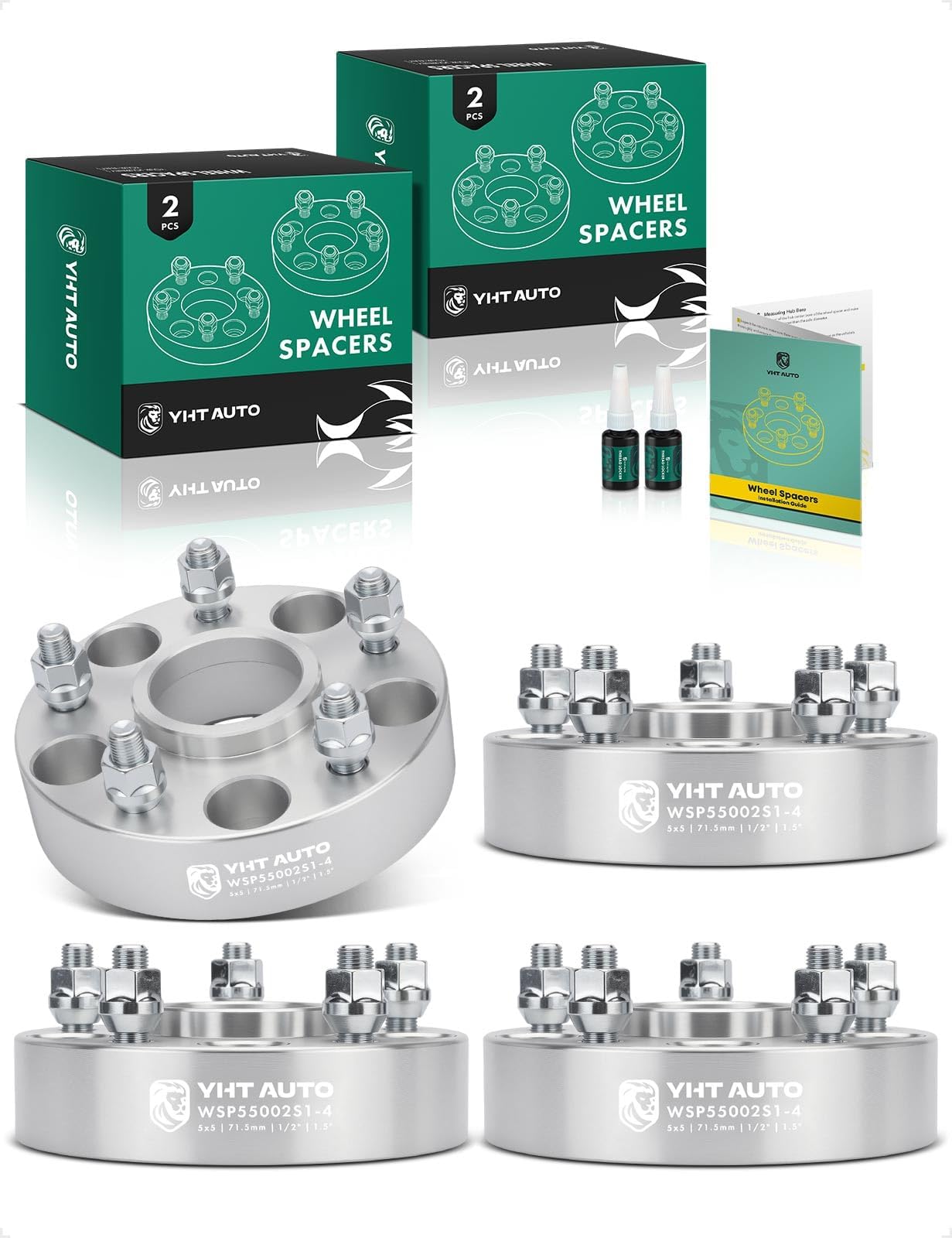 YHTAUTO 5x5 Wheel Spacers 1.5 Inch Compatible with 1999-2018 Jeep Grand Cherokee Wrangler Commander 5x127mm Tire Spacers w/ 1/2"-20 & 12.9 Grade Studs, 71.5mm Hub Bore 5 Lug 4PCS Silver Wheel Adapter