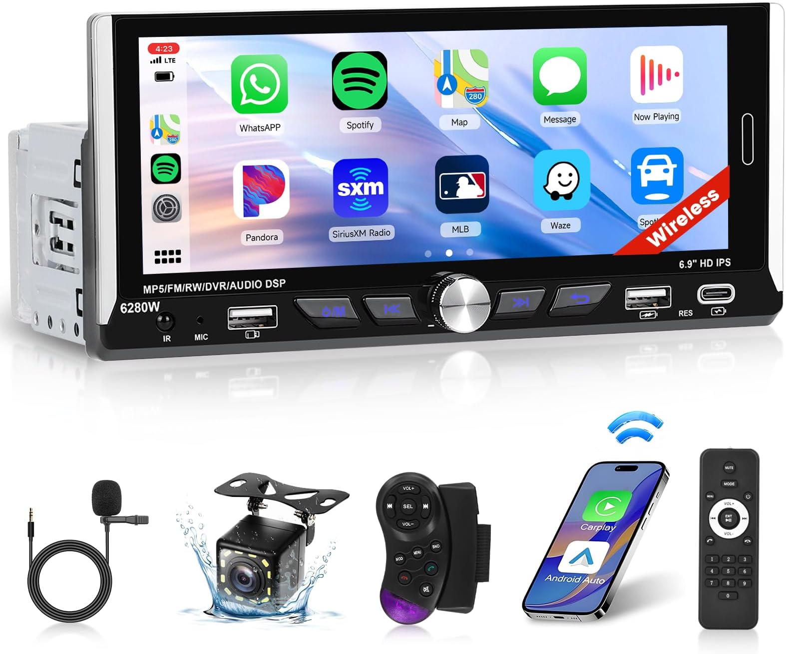 Newest 6.9 Inch Single Din Radio Stereo Wireless Apple Carplay Android Auto,1280 * 480 Touchscreen Stereo with Voice Control Bluetooth 5.0 MirrorLink Backup Came SWC FM 2 USB Type C EQ