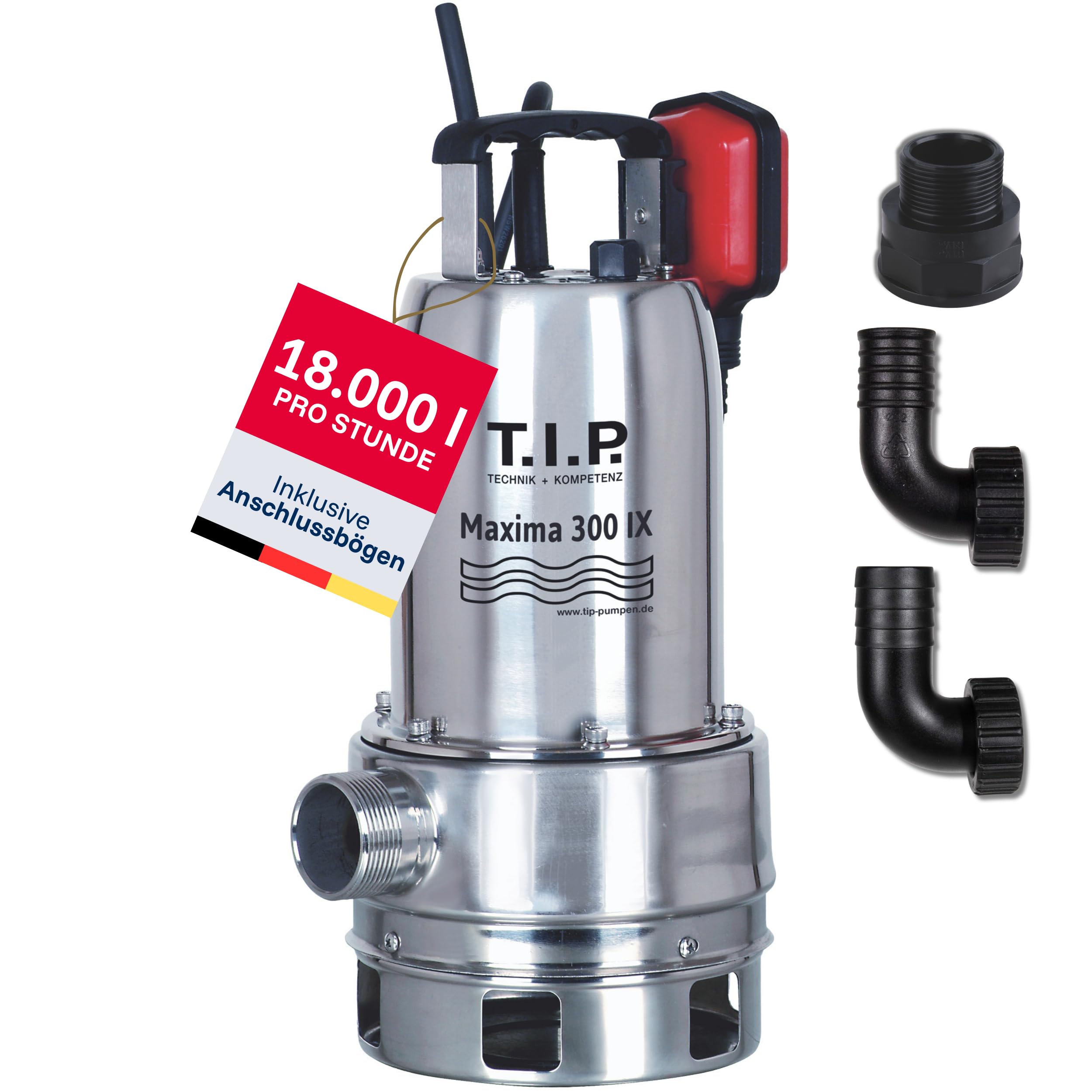 T.I.P. 30116 Schmutzwasser Tauchpumpe Maxima 300 IX (bis 18.000 l/h Fördermenge, Förderhöhe max. / Druck max. 8 m / 0,8 bar, 700 Watt, Edelstahl-Pumpengehäuse, Offenes Noryllaufrad)