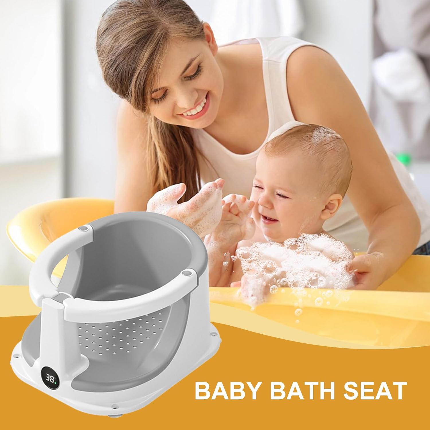 Baby Bath Seat - Infant Tub Chair, Sitting Support | Adaptable Safety Temperature Sensor Bathing Assistant for Babies, toddlars Home Travel Daily Wash, Baby Shower Birthday Gift Protection Tool
