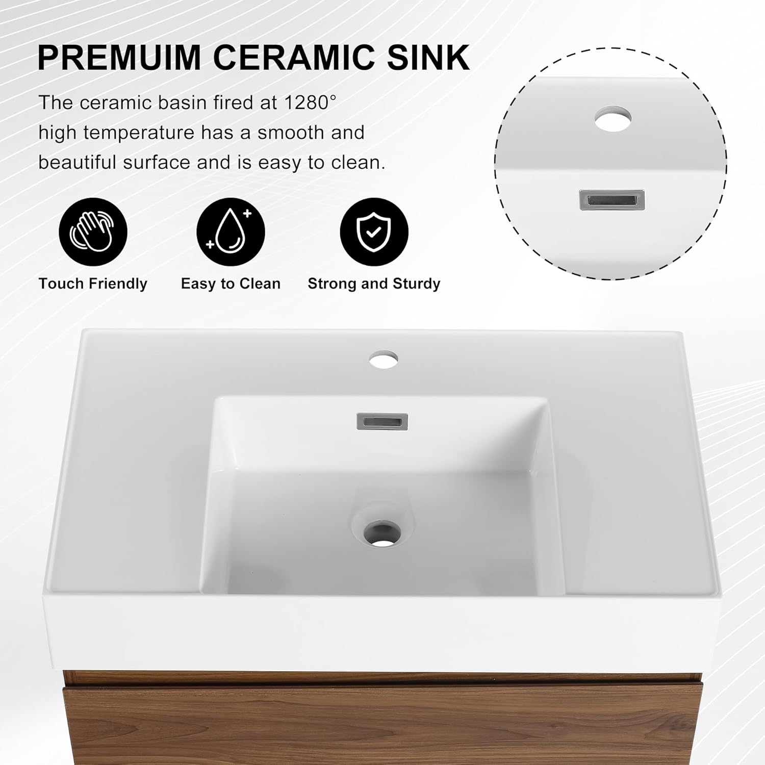 30 inch Bathroom Vanity with Sink, Modern Freestanding Bathroom Cabinet with Thick Edged Ceramic Basin Top & Soft Close Drawers, 30" Single Sink Bathroom Vanity, Brown
