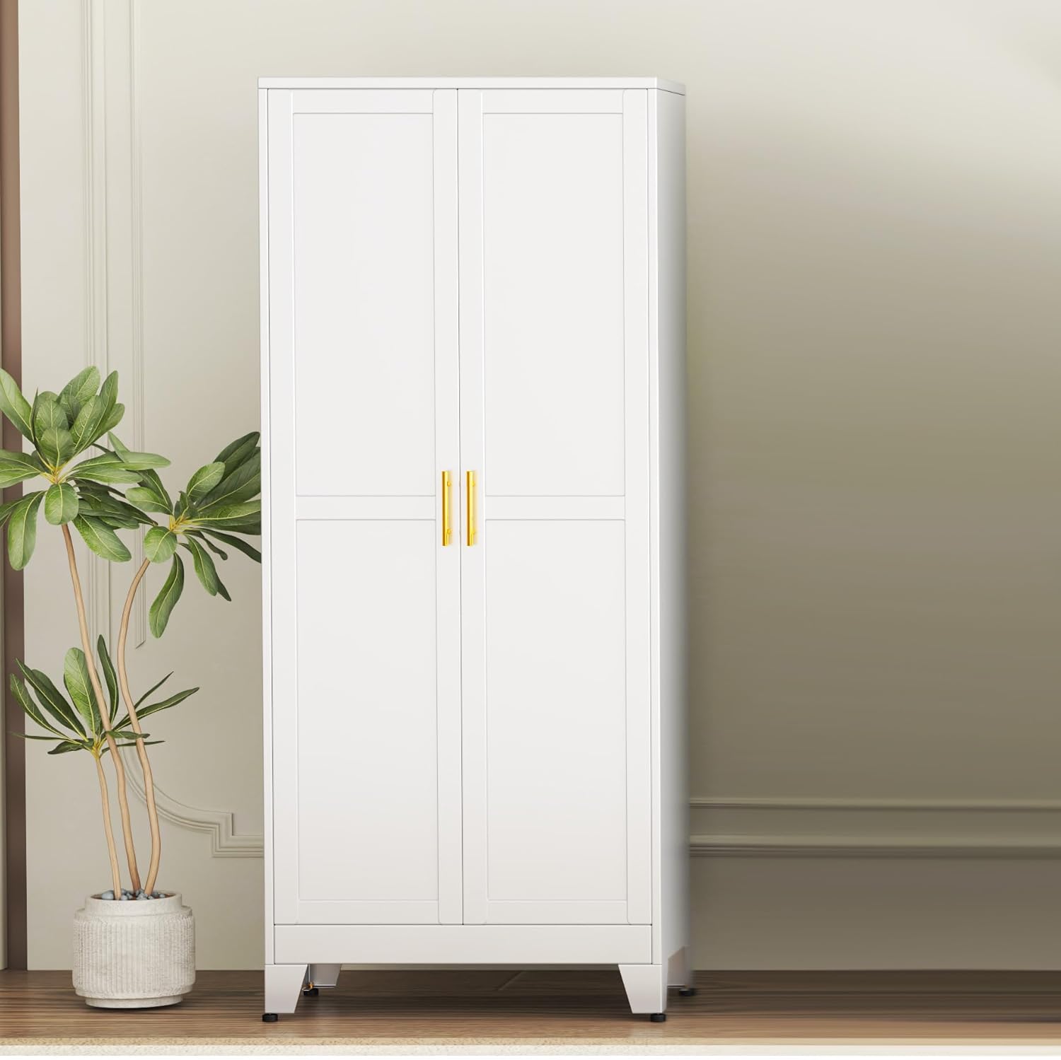 75.2" Tall Kitchen Pantry Storage Cabinet, Metal File Cabinet with 2 Door and 5 Adjustable Shelves, White Cupboard, Storage Cabinet for Kitchen Office Dining Room Living Room