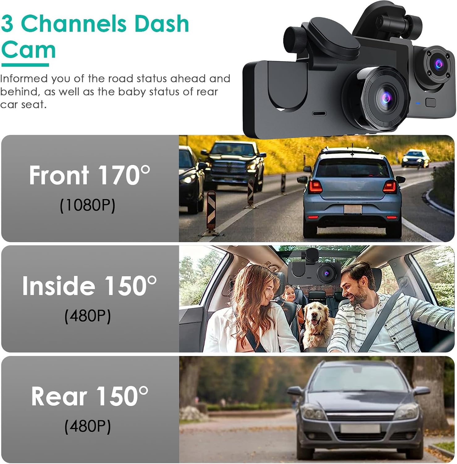 3 Channel Dash Cam, 1080P Dash Cam Front and Rear Inside, Three Way Dash Camera for Cars, Car Camera with 32GB Card, 24H Parking Mode, Loop Recording, Super Night Vision