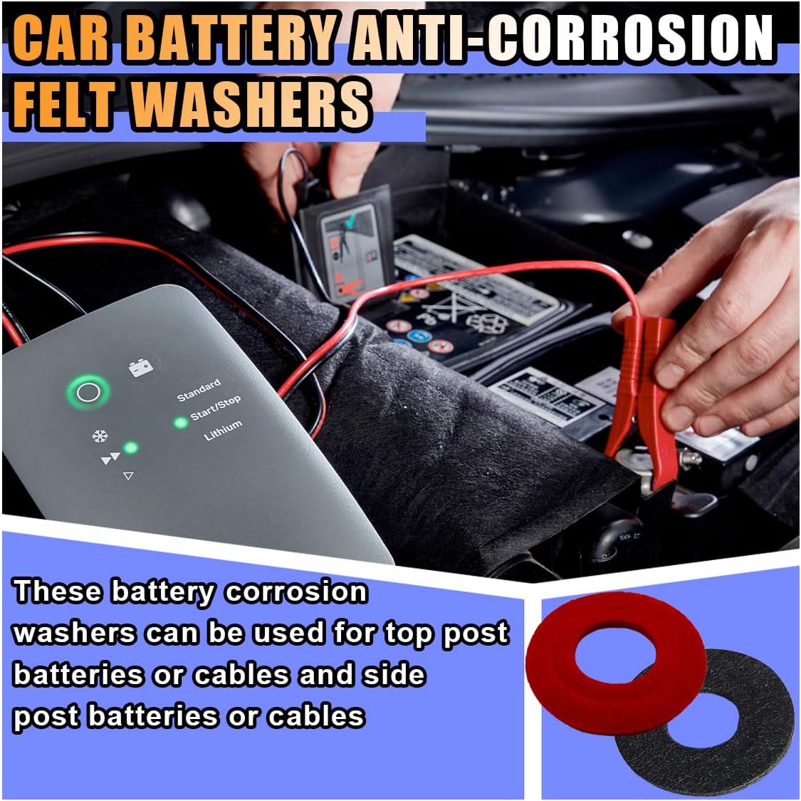 12PCS Battery Terminal Washer Pad, Anti Corrosion Washers, Fiber Washers Battery Top & Side Terminal Protector (Redblack)
