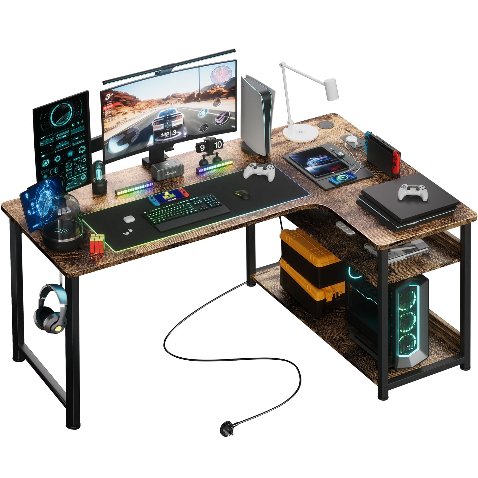 COMHOMA L字型ゲーミングデスク 130x80cm 電源コンセント付き コーナーコンピューターデスク 棚付き ヘッドフォンフック PCテーブル ワークステーション ホームオフィス 寝室用 (ブラウン、130cm)