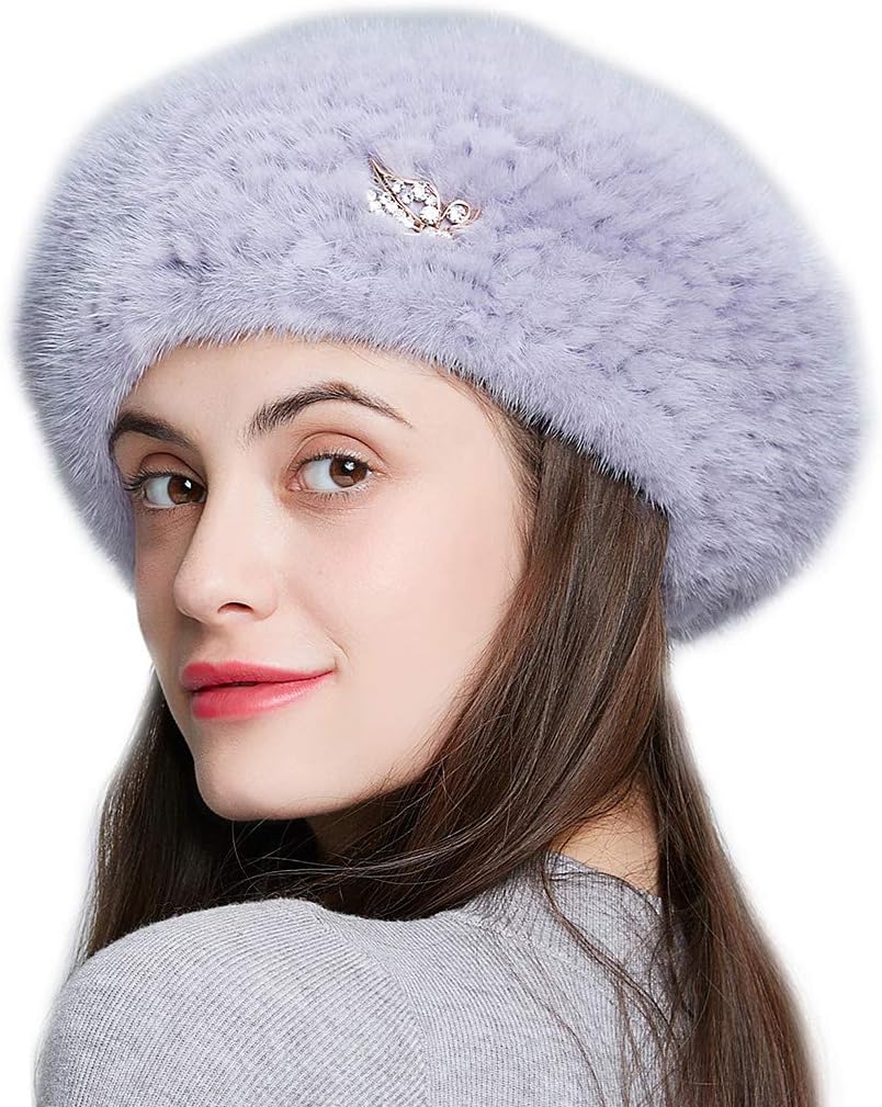 Women's Knit Real Mink Fur Beret Hat,2019 New Winter Russian Beanie Rhinestone