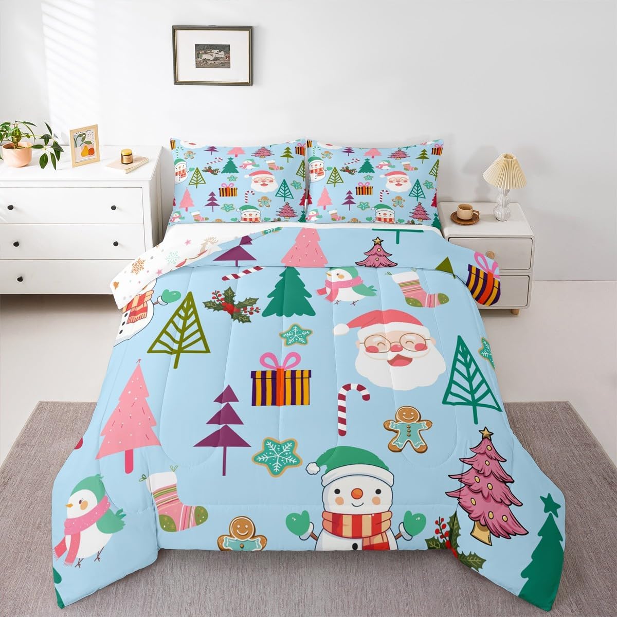Feelyou Merry Christmas Bedding Set Soft Comforter Set Toddler Size Santa Claus Duvet Quilt Microfiber Merry Christmas Tree and Snowman Bedroom Decor Holly 2 Pcs with 1 Pillow Cases